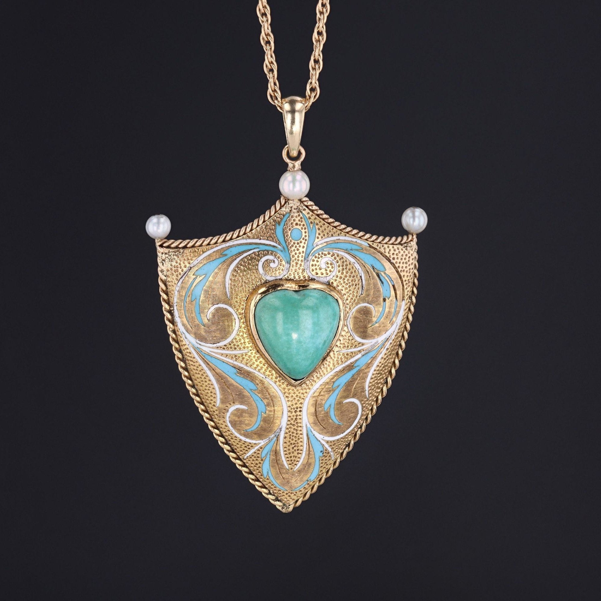 Vintage Shield Pendant | 18k Gold Turquoise Pearl & Enamel Shield on Optional 14k Chain 