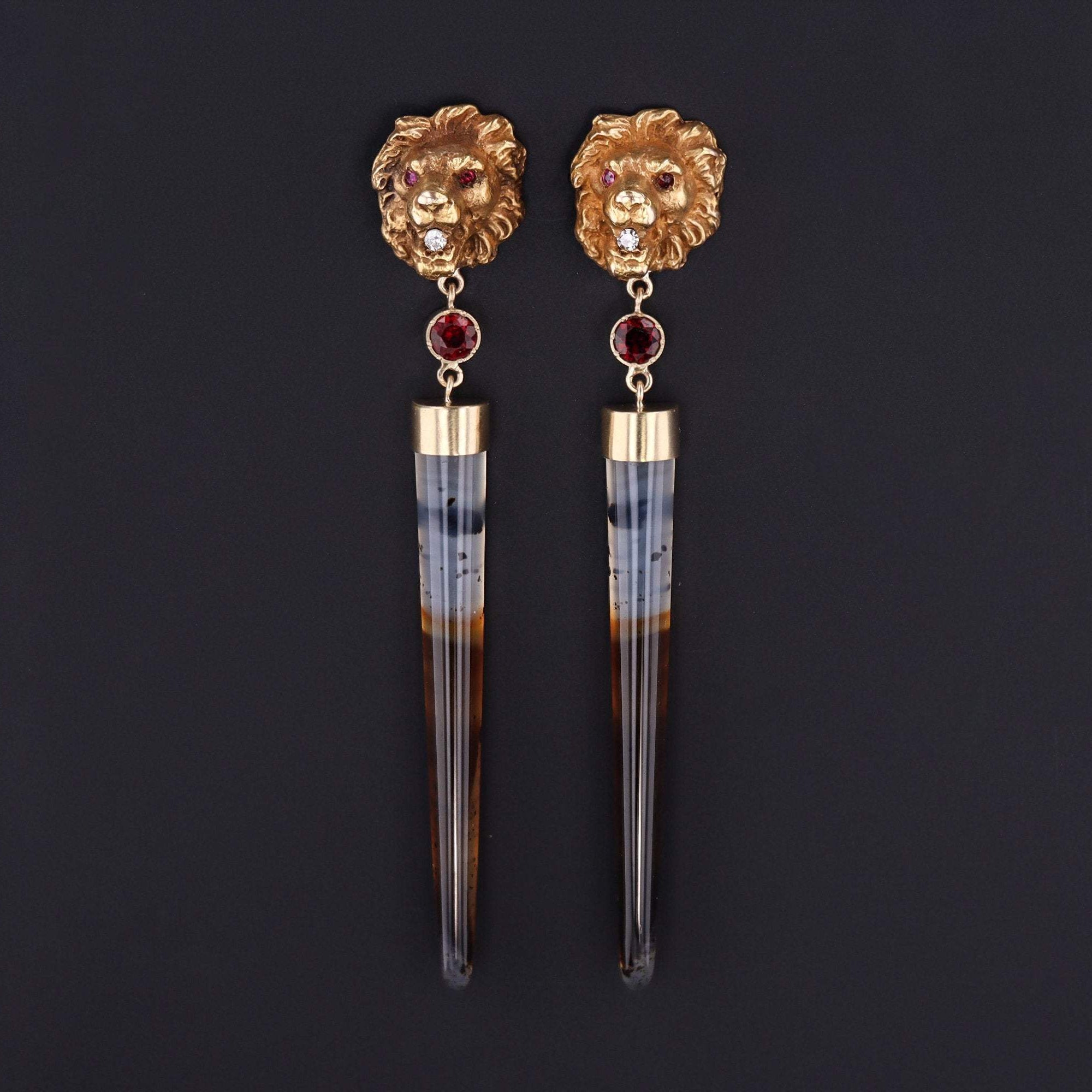 Lion Earrings with Montana Agate and Garnets  | Statement Earrings | One of A Kind Earrings | 14k Gold Earrings