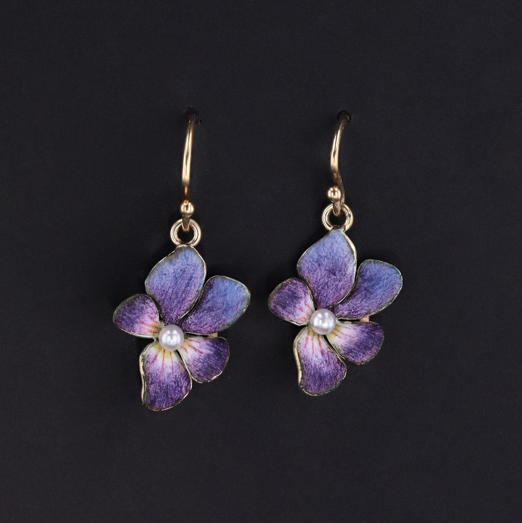Violet Earrings | 14k Enamel Flower Earrings | Antique Violet Earrings with Pearls | Antique Pin Conversion Earrings