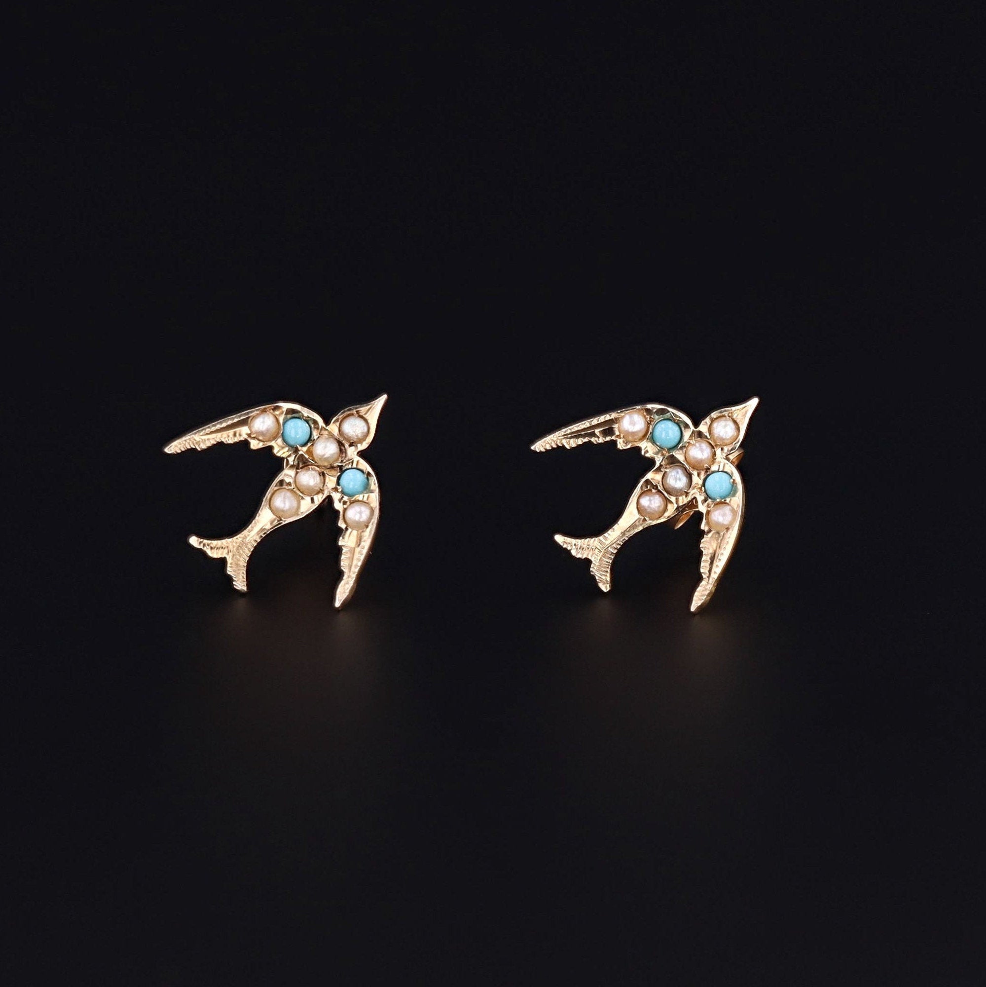 Antique Swallow Earrings | Pin Conversion Earrings | Pearl & Turquoise Glass Bird Earrings | 9ct Birds on 14k Posts | Post Earrings