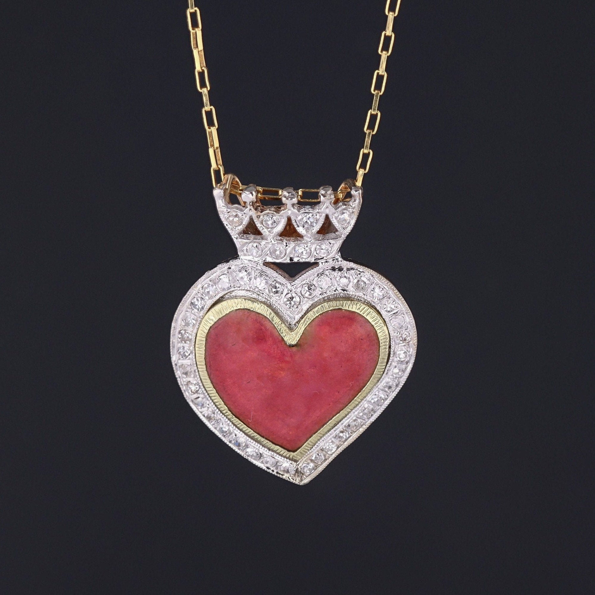 Enamel & Diamond Crowned Heart Pendant | Antique Enamel Heart | 14k Gold Heart Pendant on Optional 14k Chain