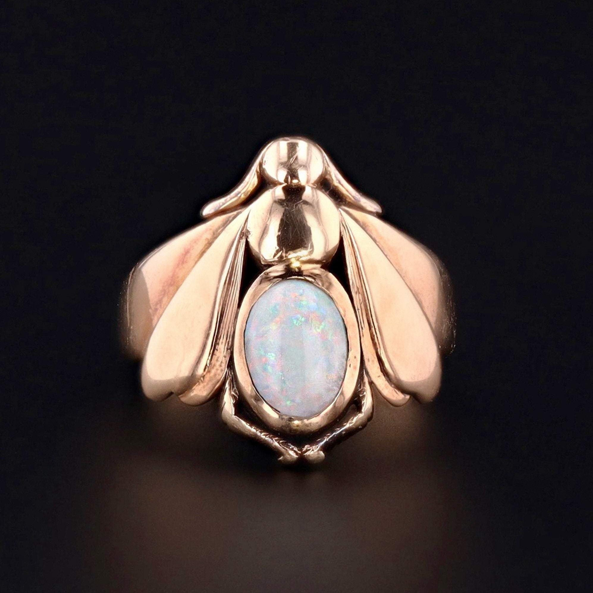 Insect Ring | 14k Gold & Opal Doublet Ring | Arts and Crafts Movement Ring | Antique Ring