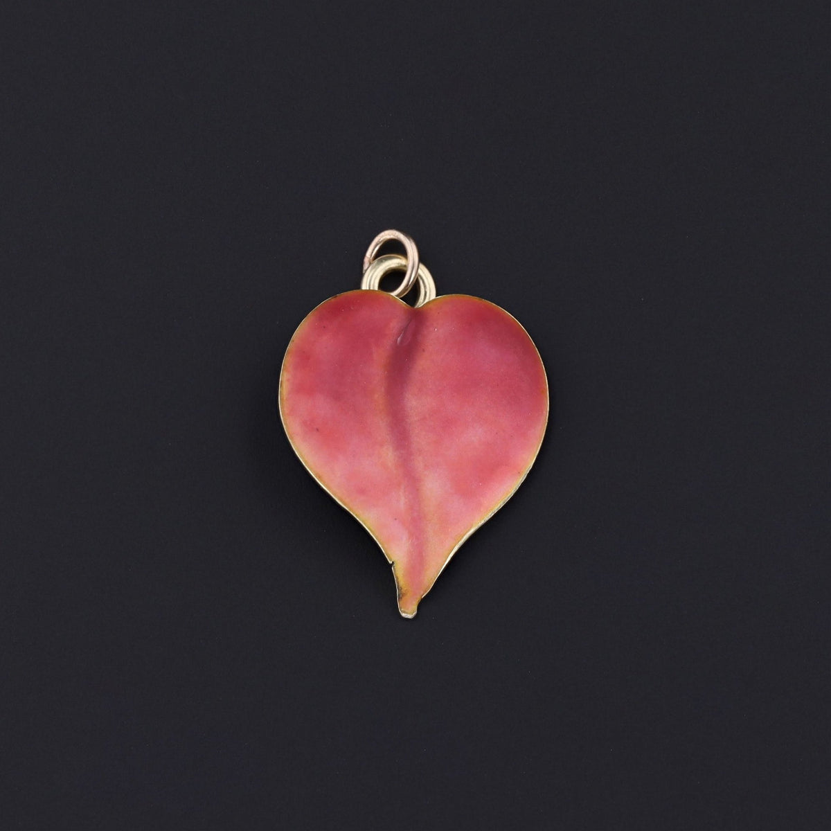 14k Gold &amp; Enamel Flower Petal Charm | Heart Shaped Charm | Antique Pin Conversion | Pink Enamel Petal Charm