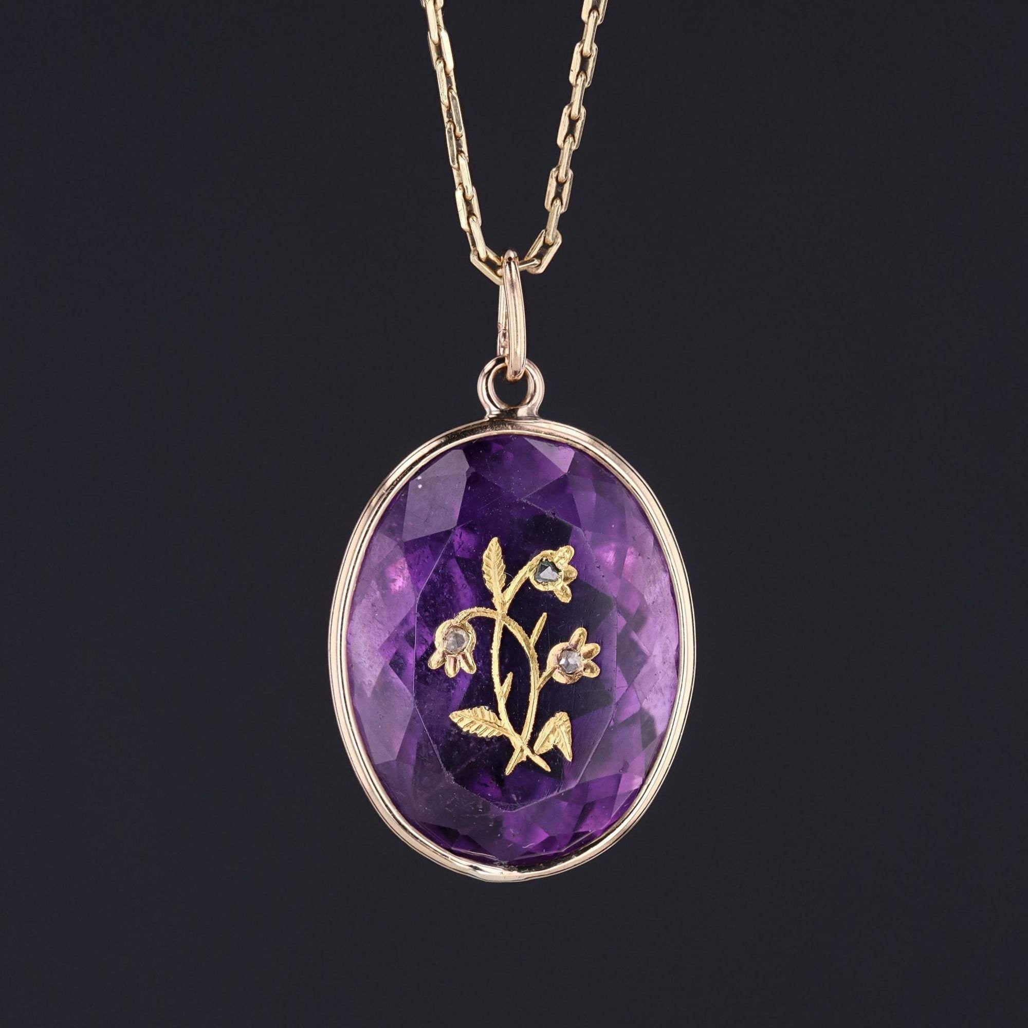 Amethyst Flower Pendant | Antique Amethyst & Diamond Flower | 14k Gold Pendant Optional 14k Chain