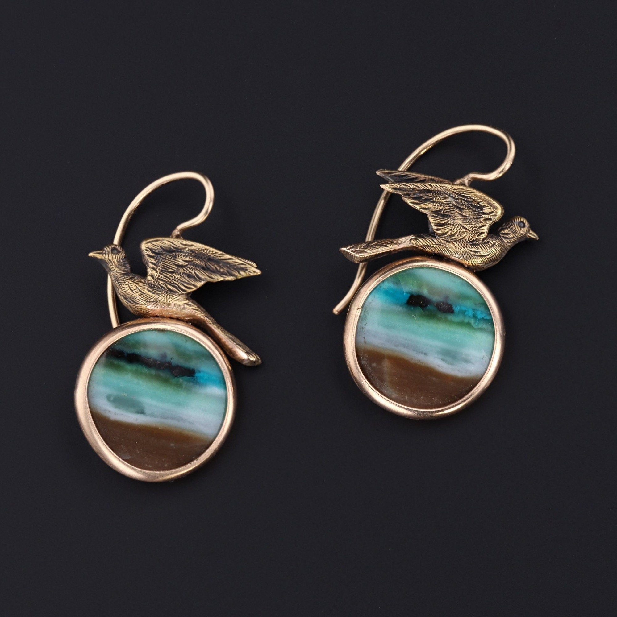 Bird Earrings | Opalized Wood Dangle Earrings | 14k Gold Earrings | Antique Pin Conversion Earrings