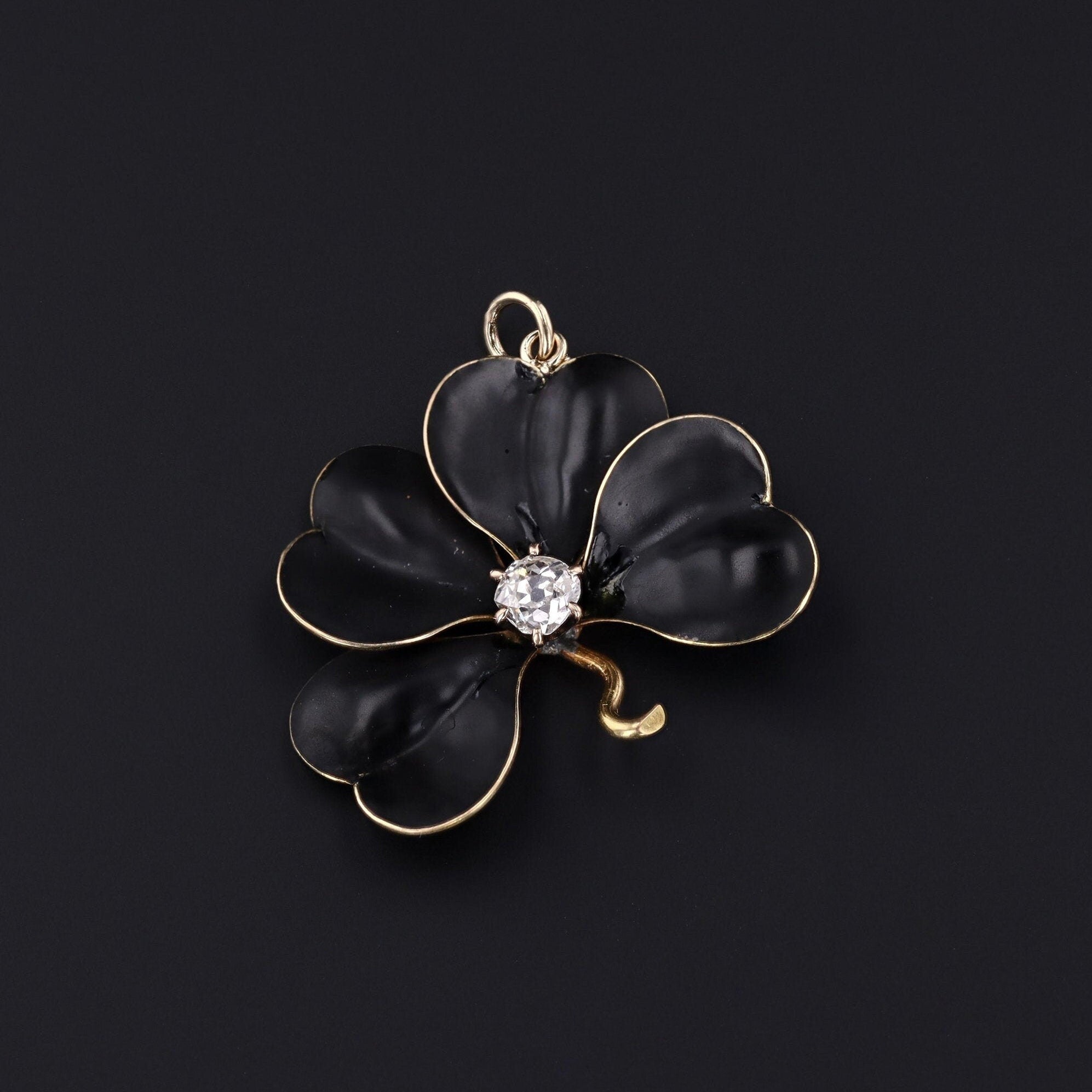 Antique Clover Pendant | Black Enamel & Diamond Clover 