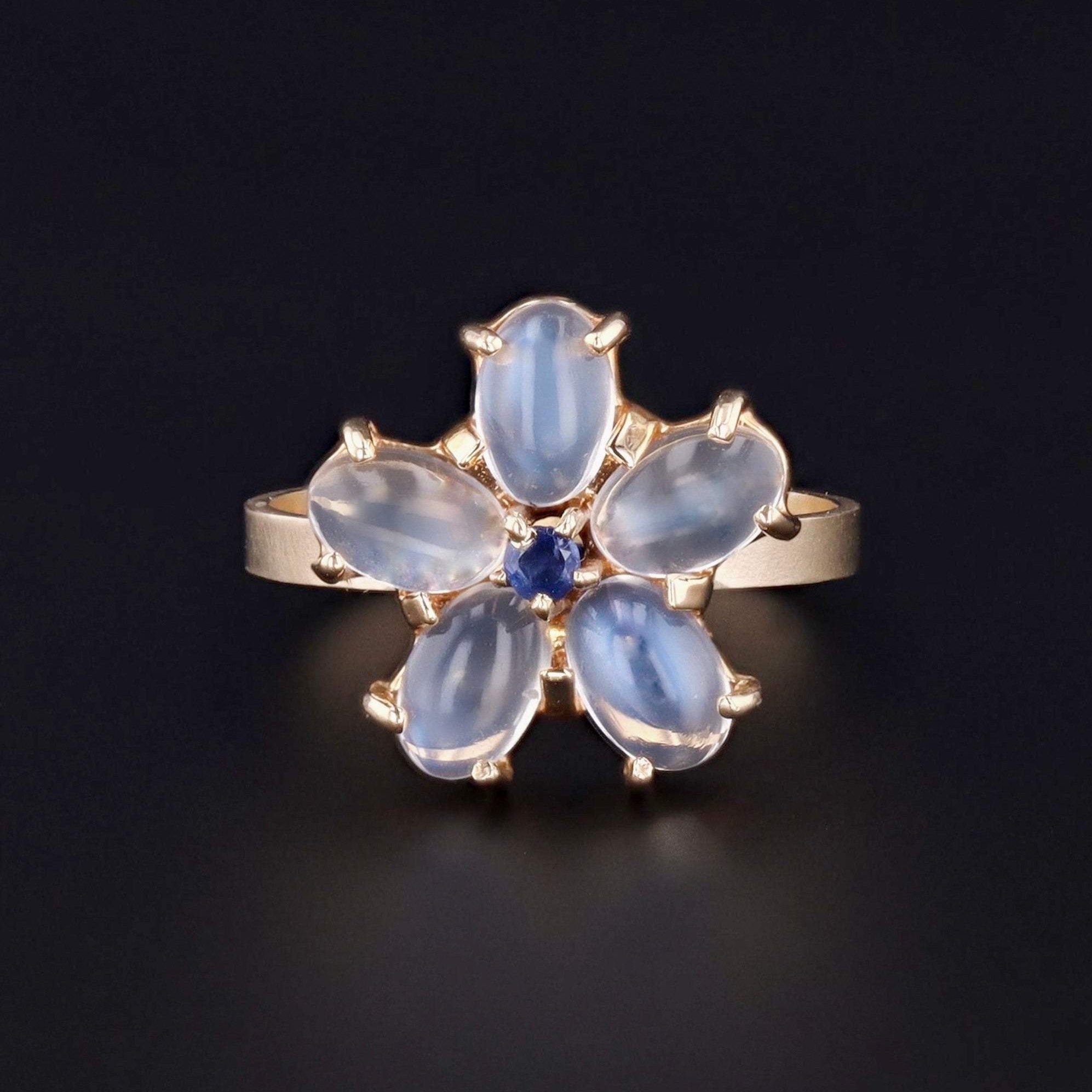Moonstone & Sapphire Flower Ring | Vintage Pin Conversion Ring | 14k Gold Moonstone Ring | Moonstone Ring