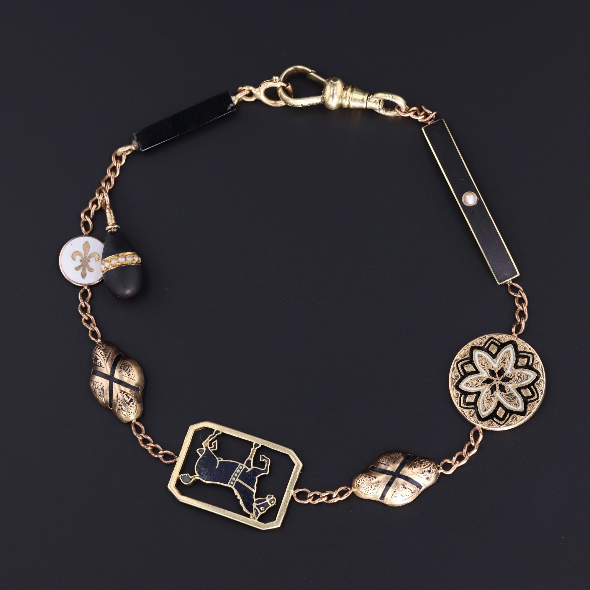 Antique Pin Conversion Bracelet | Gold Bracelet with Black and White Enamel | 10k & 14k Gold Charm Bracelet