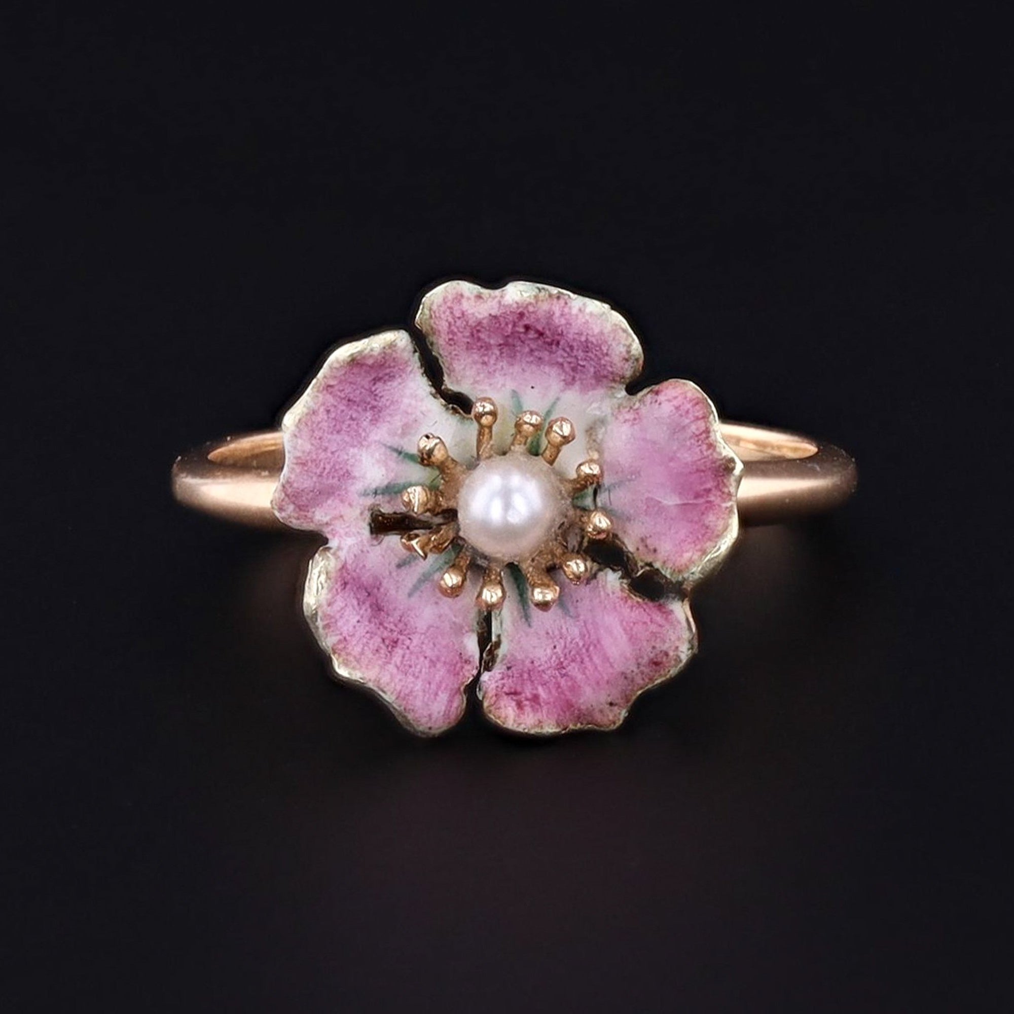 14k Gold Enamel Flower Ring | Antique Pin Conversion Ring | Pearl Flower Ring | 14k Gold Ring | Pink Flower Ring