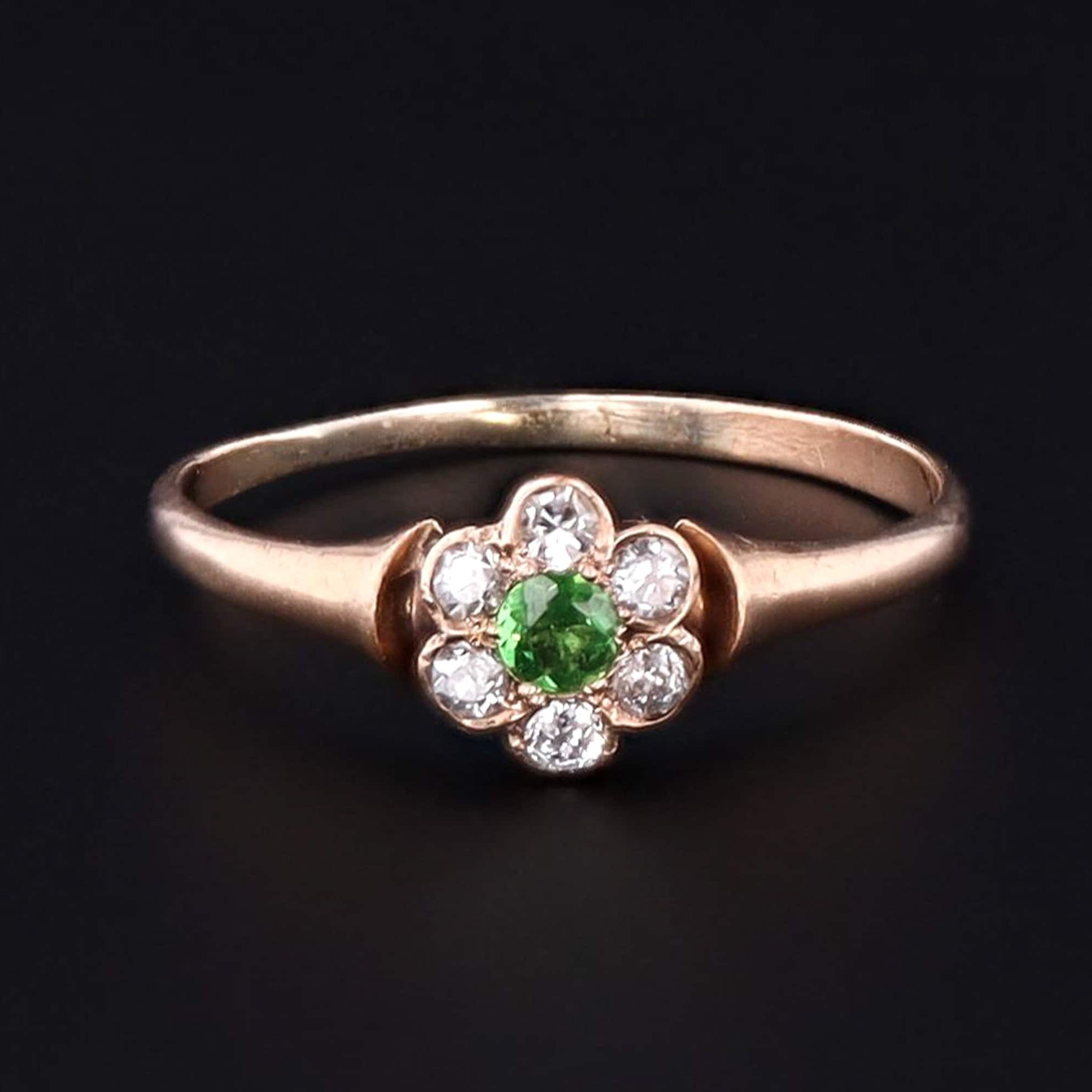 Diamond & Demantoid Garnet Flower Ring | Antique Ring 