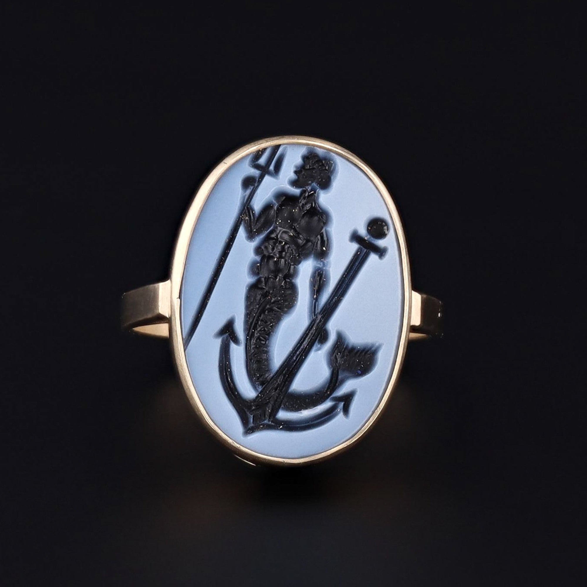 Poseidon or Neptune Ring | Intaglio Ring | Black and White Agate Intaglio Ring | 14k Gold Ring