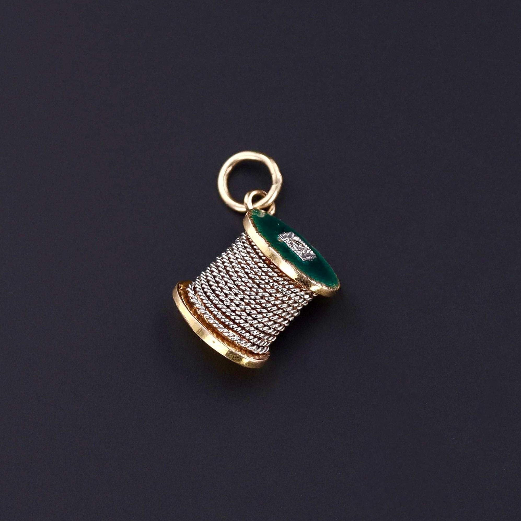 Vintage Spool of Thread Charm with Diamond | 14k Gold & Enamel Sewing Charm 