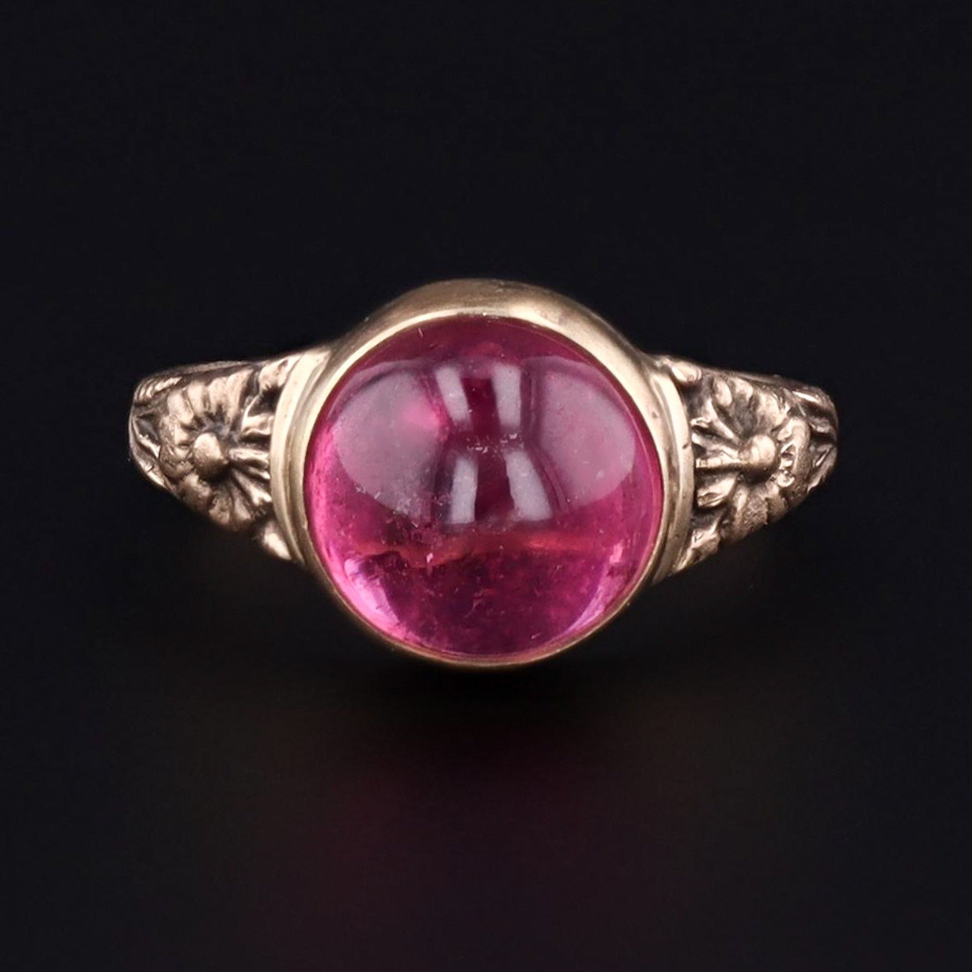Pink Tourmaline Ring | 14k Gold Ring | Vintage Ring | Pink Tourmaline Cabochon Ring | Flower Ring