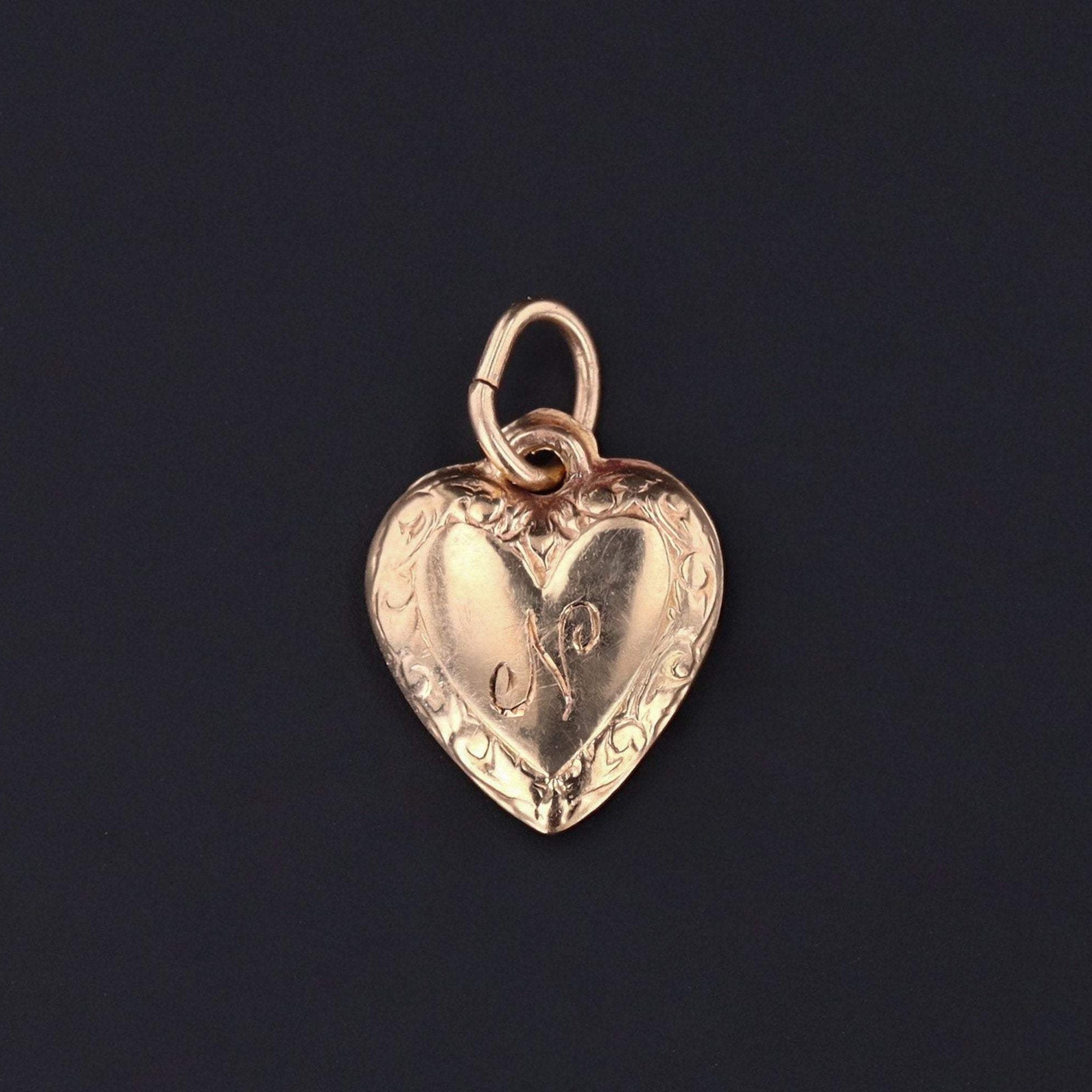 Vintage Heart Charm | 10k Gold Heart | Letter N Charm | Initial N Charm