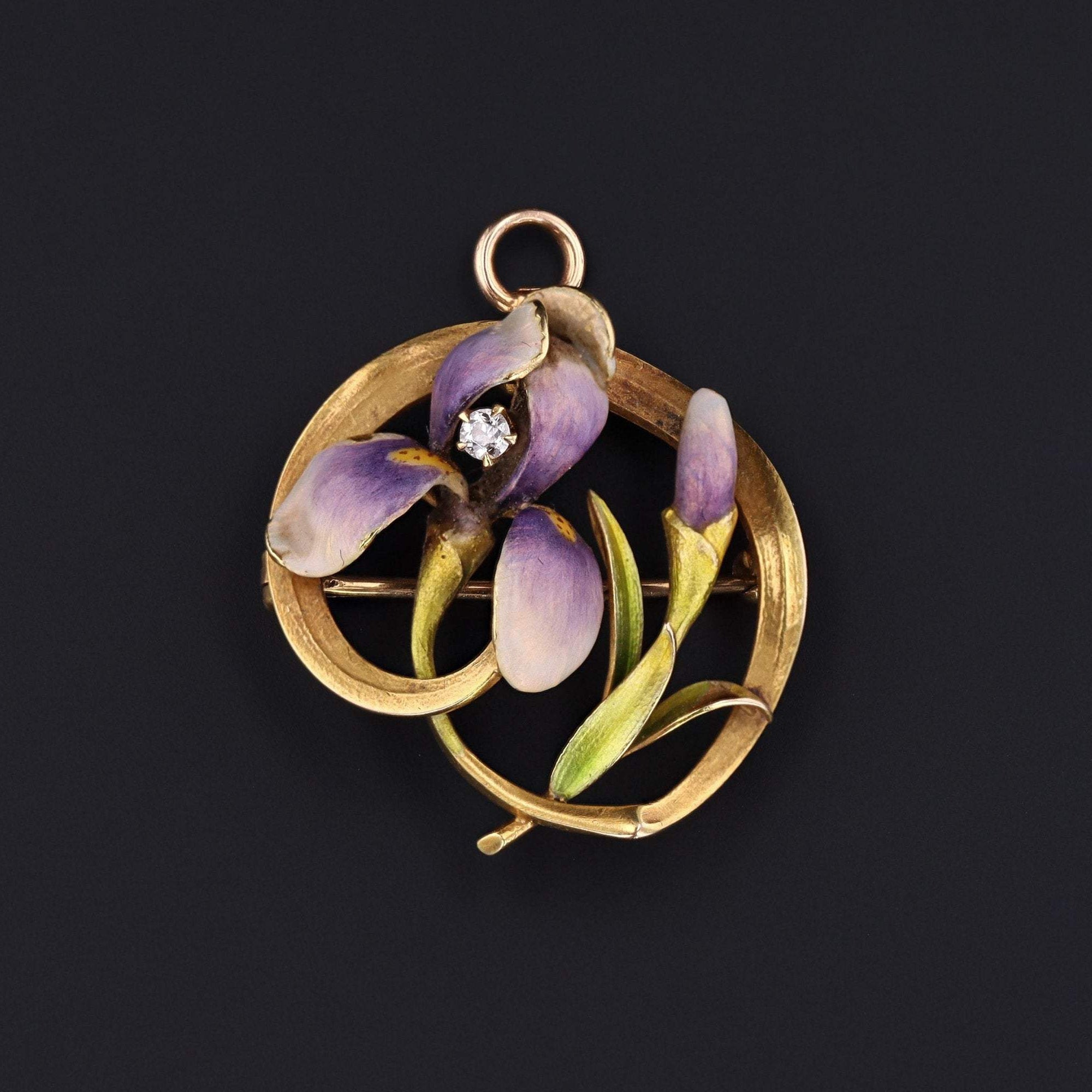Iris Pendant and Brooch | Antique Enamel Flower Brooch | 14k Gold & Diamond Brooch by Krementz