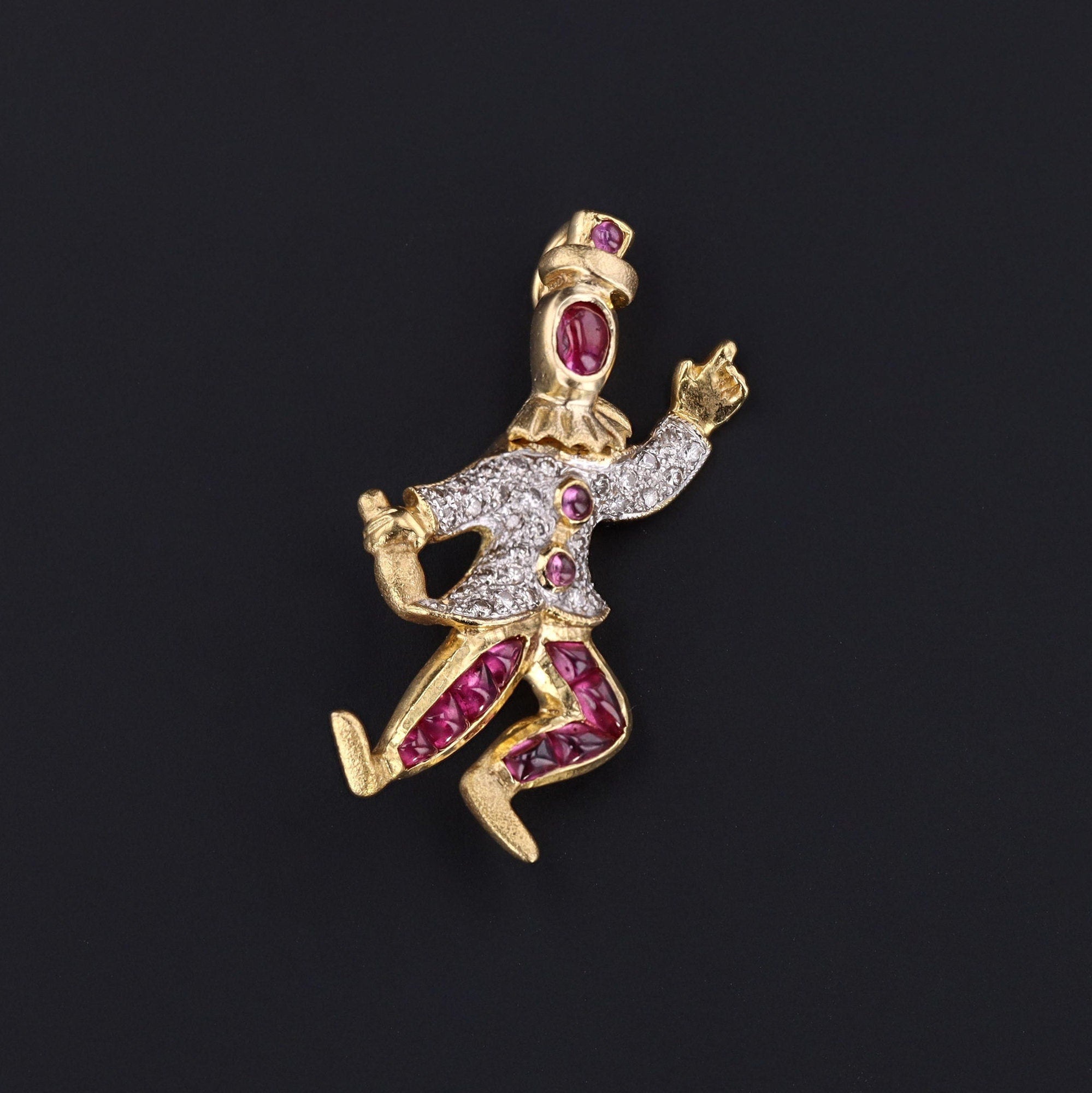 Clown Brooch or Pendant | 18k Gold Ruby & Diamond Clown with Moveable Head 