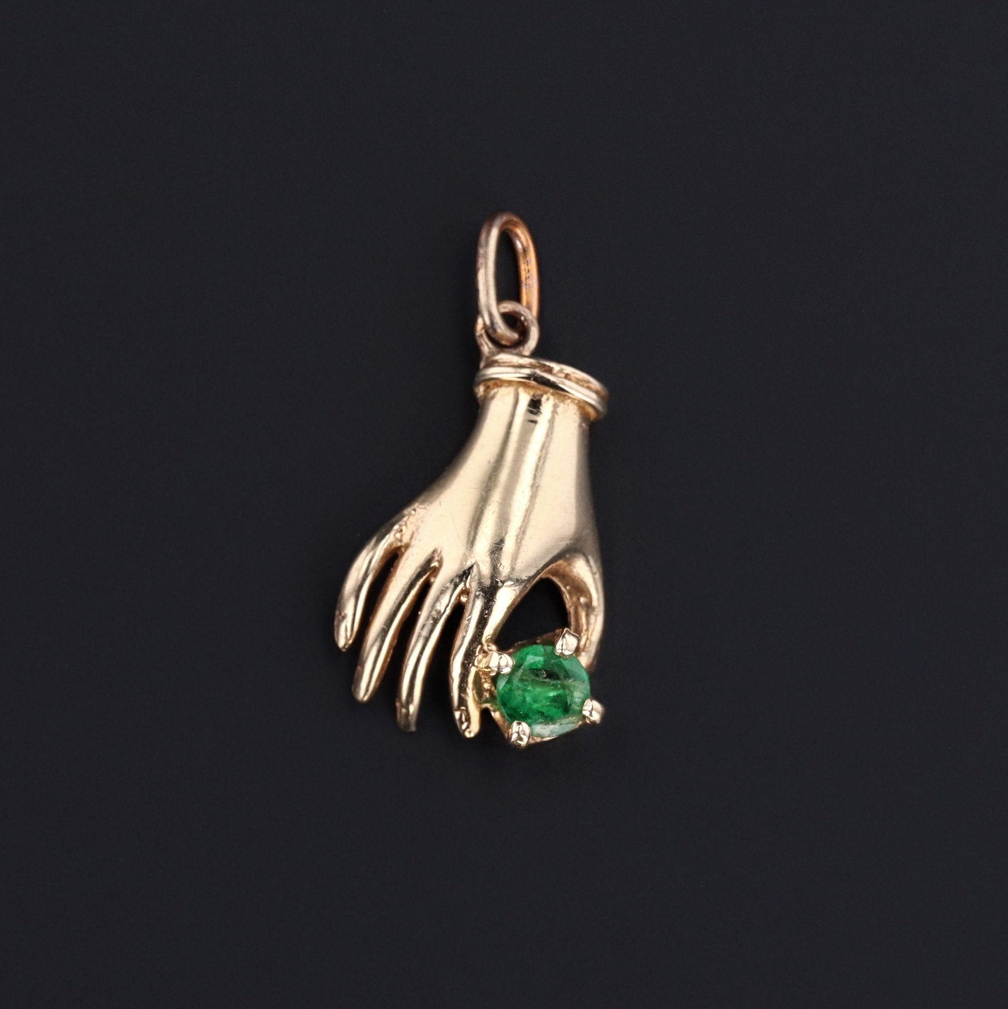 Hand Charm | Vintage Hand Charm | 14k Gold Hand Holding Emerald Charm | Pin Conversion Charm | 14k Gold Charm