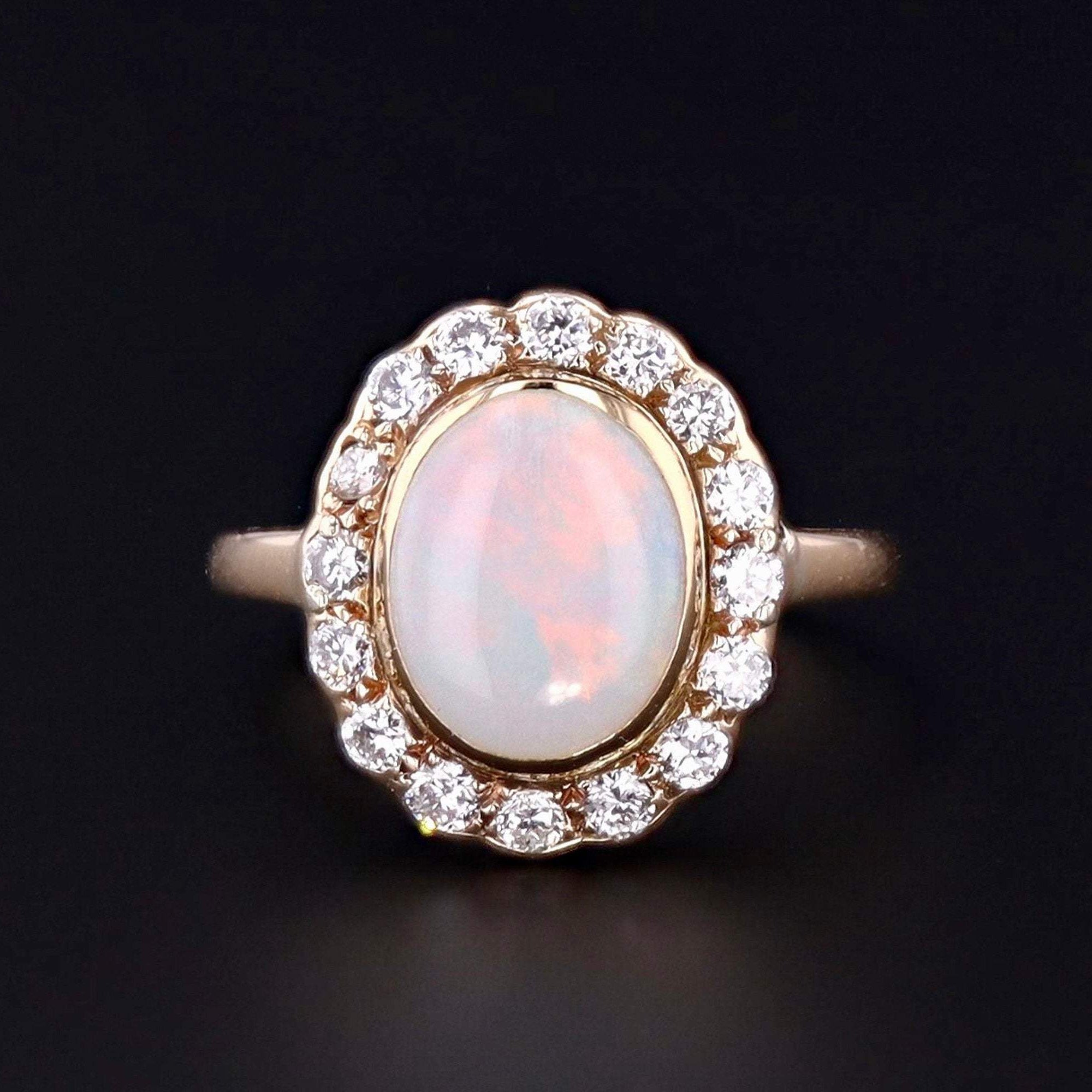 Vintage Opal & Diamond Ring | 14k White Gold Opal Ring | White Opal Ring | Vintage Opal Ring | Cocktail Ring