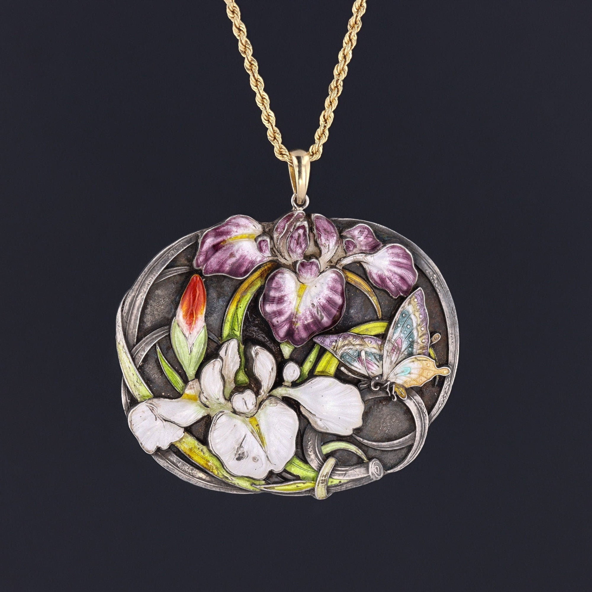 Japanese Enamel Pendant | Antique Silver & Enamel Iris Pendant with Butterfly on Optional 14k Chain 
