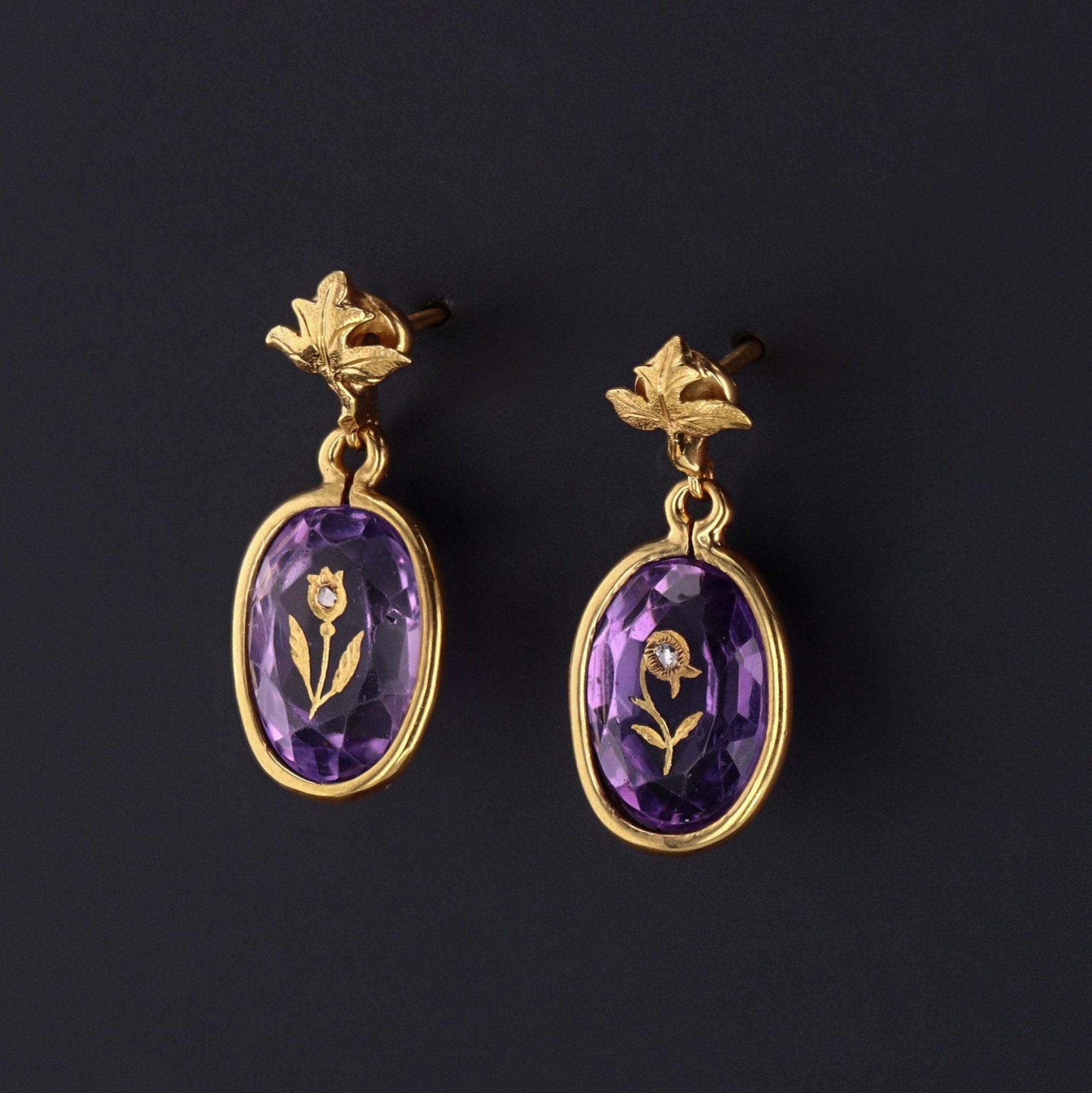 Antique Amethyst & Diamond Flower Earrings | 14k Gold Earrings | Antique Earrings | Rose of Sharon Earrings