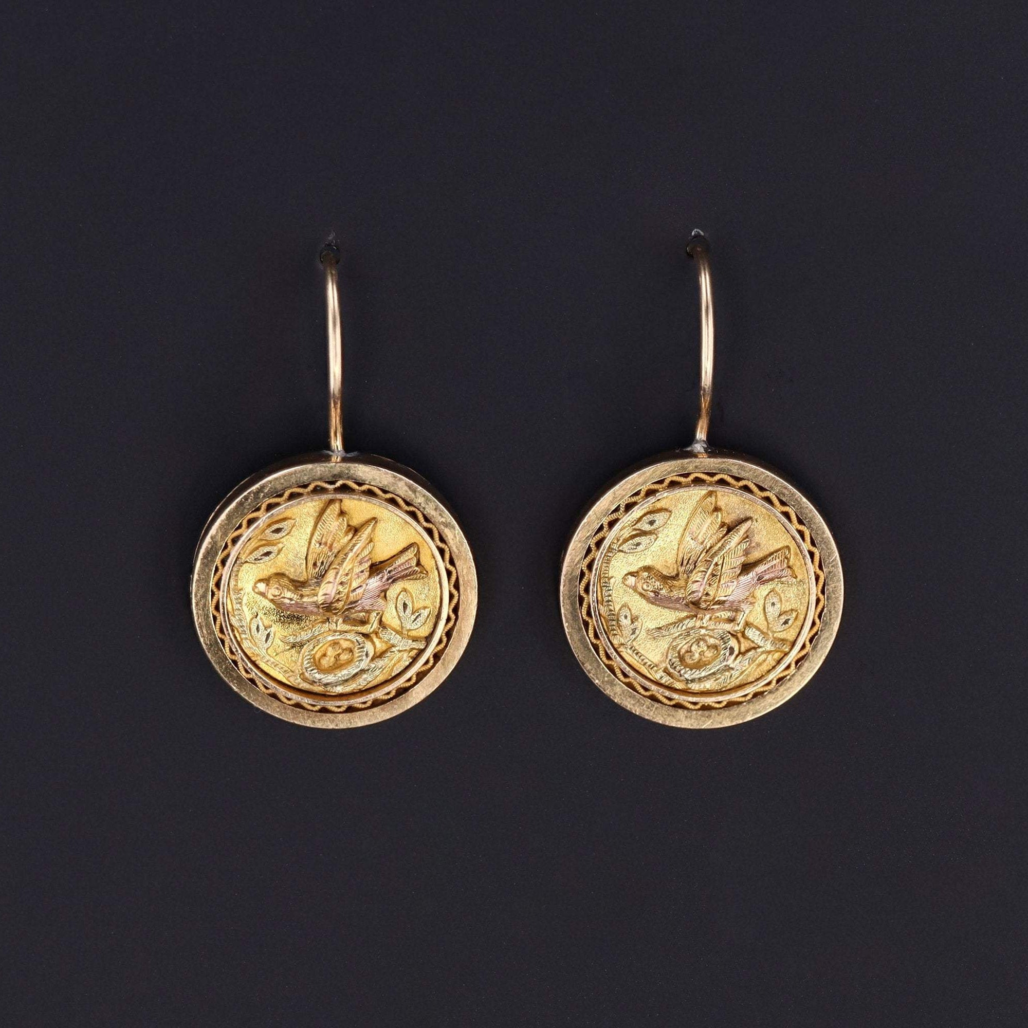 Gold Bird Earrings | 14k Gold Earrings | Antique Bird Earrings | Antique Cufflink Conversion Earrings