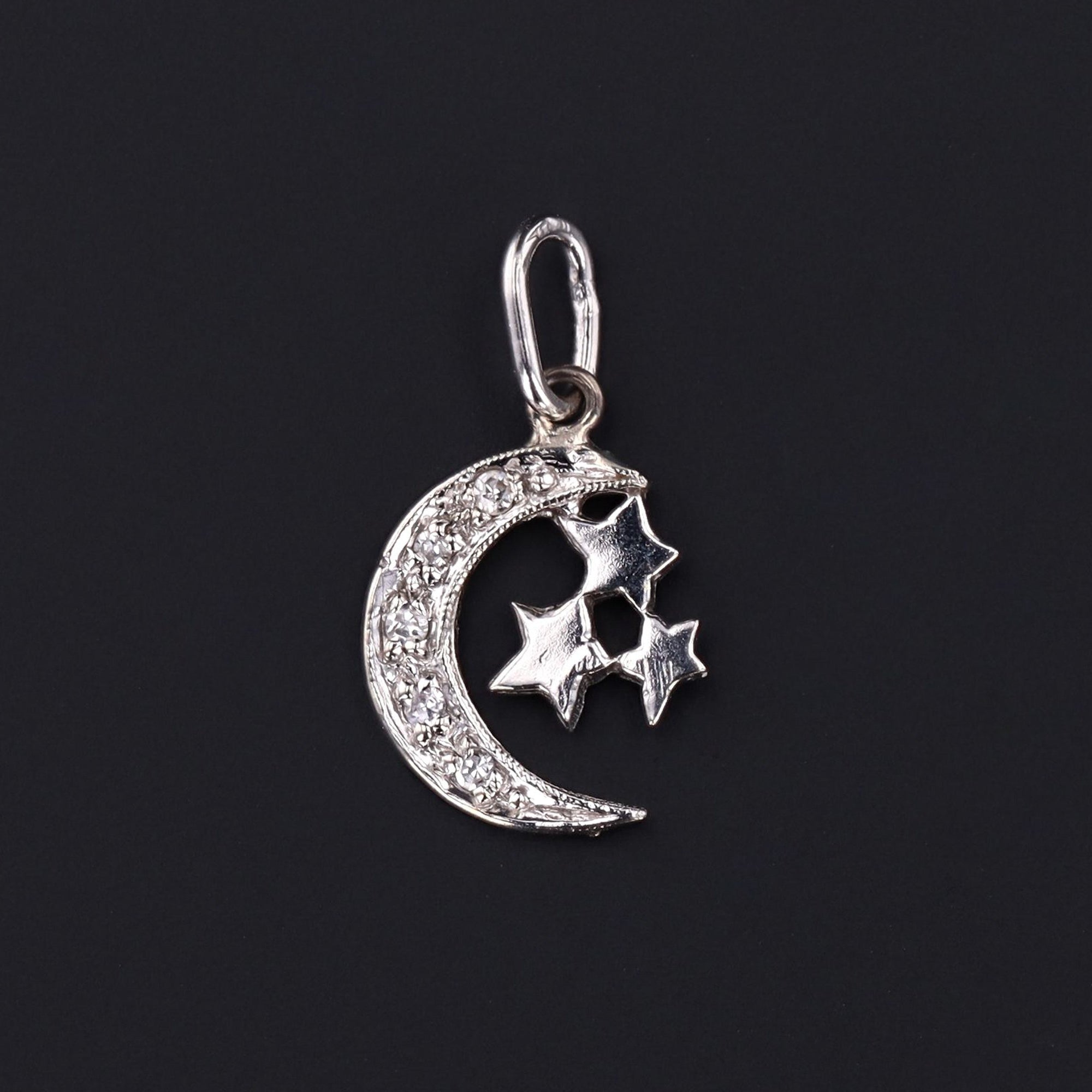 Diamond Crescent Moon Charm | Vintage Moon & Star Charm | 14k White Gold Charm | Crescent Charm