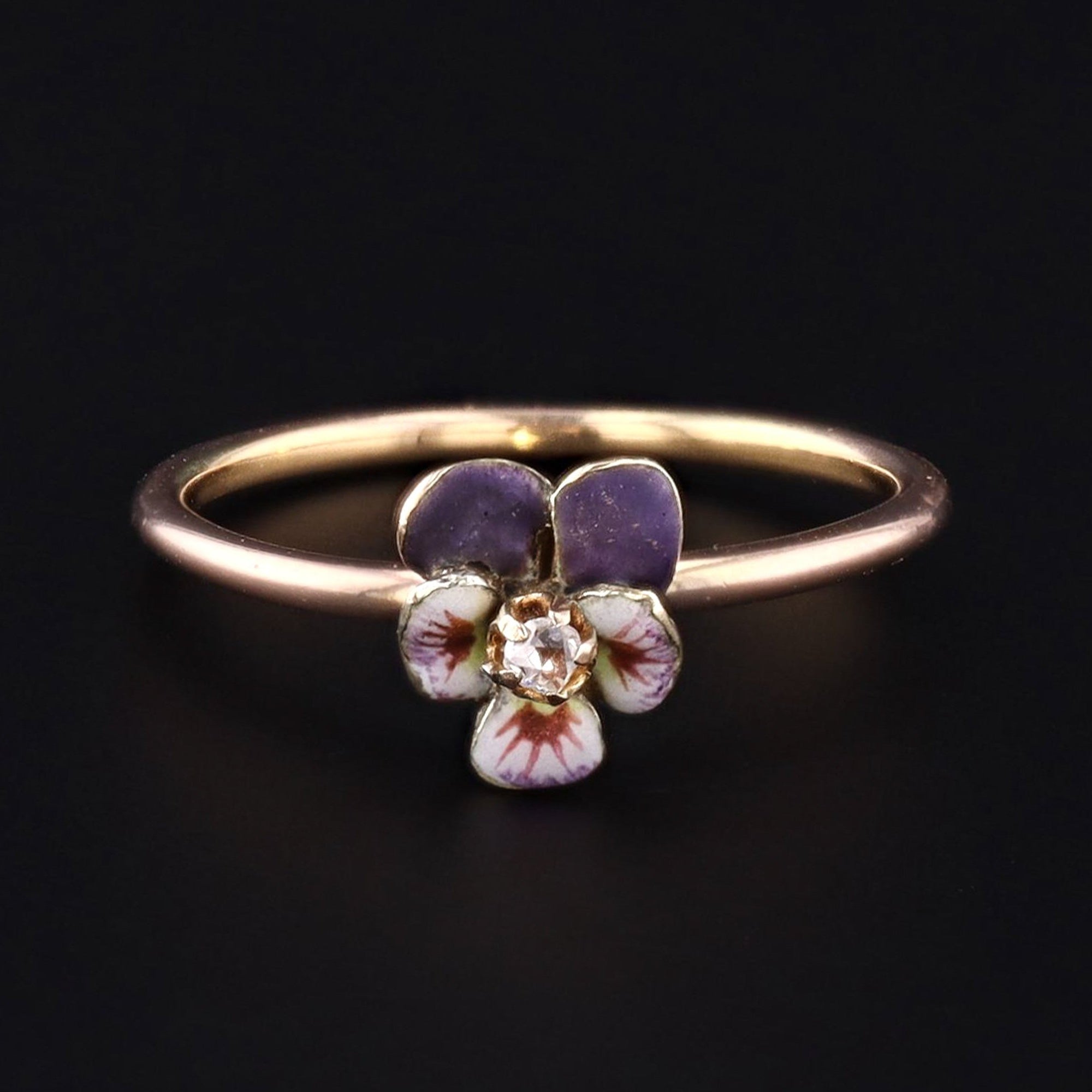 Pansy Ring | 10k Gold & Purple Enamel Pansy Ring | Antique Pin Conversion Ring | 10k Gold Flower Ring | Diamond Flower Ring