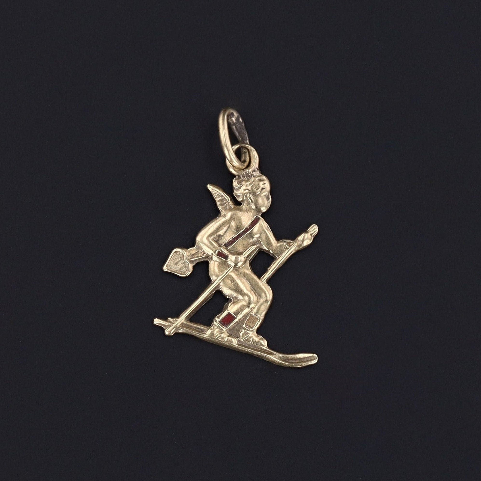 Skiing Cupid Charm | Vintage 14k Gold Charm 