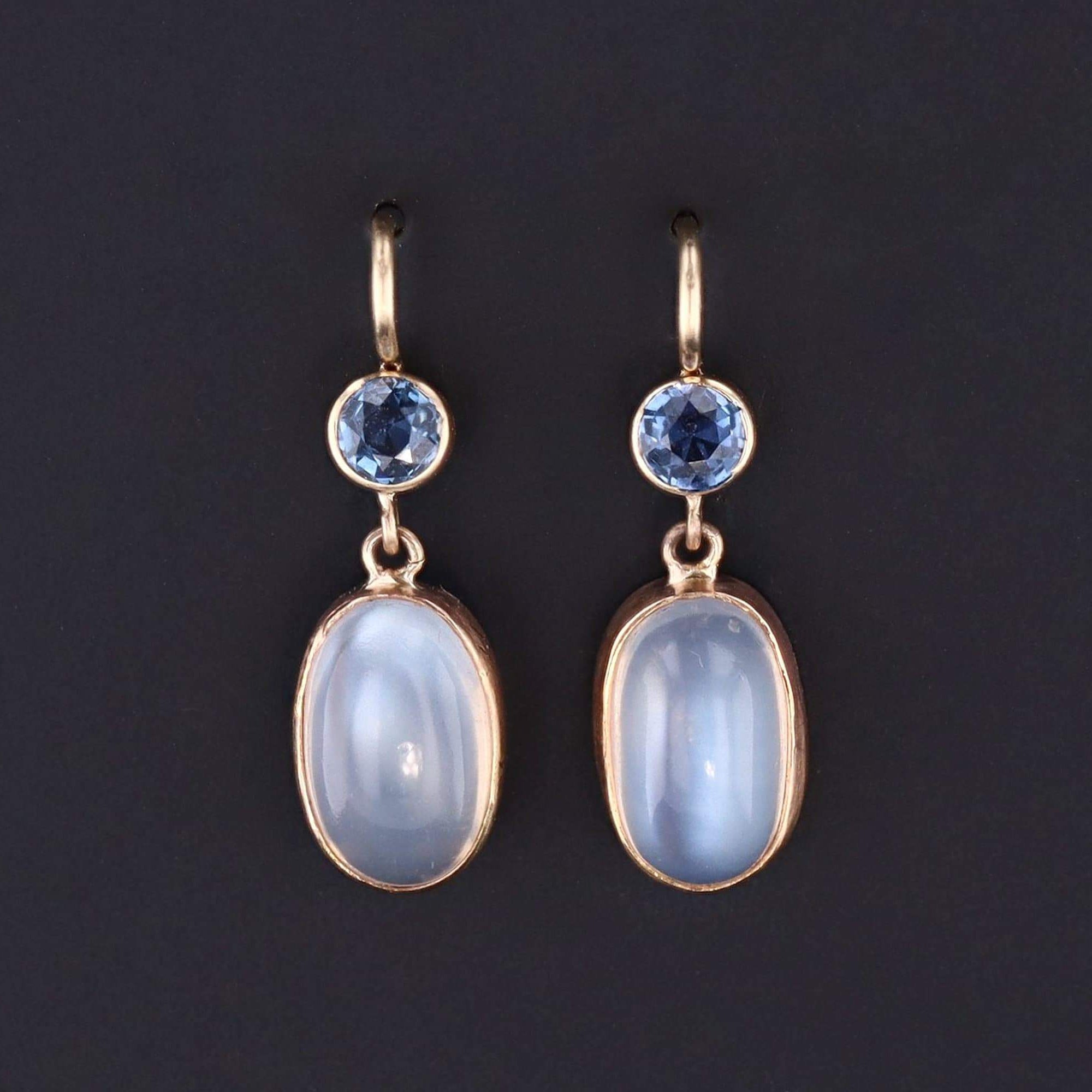 Moonstone & Sapphire Earrings | 14k Gold Moonstone Earrings 