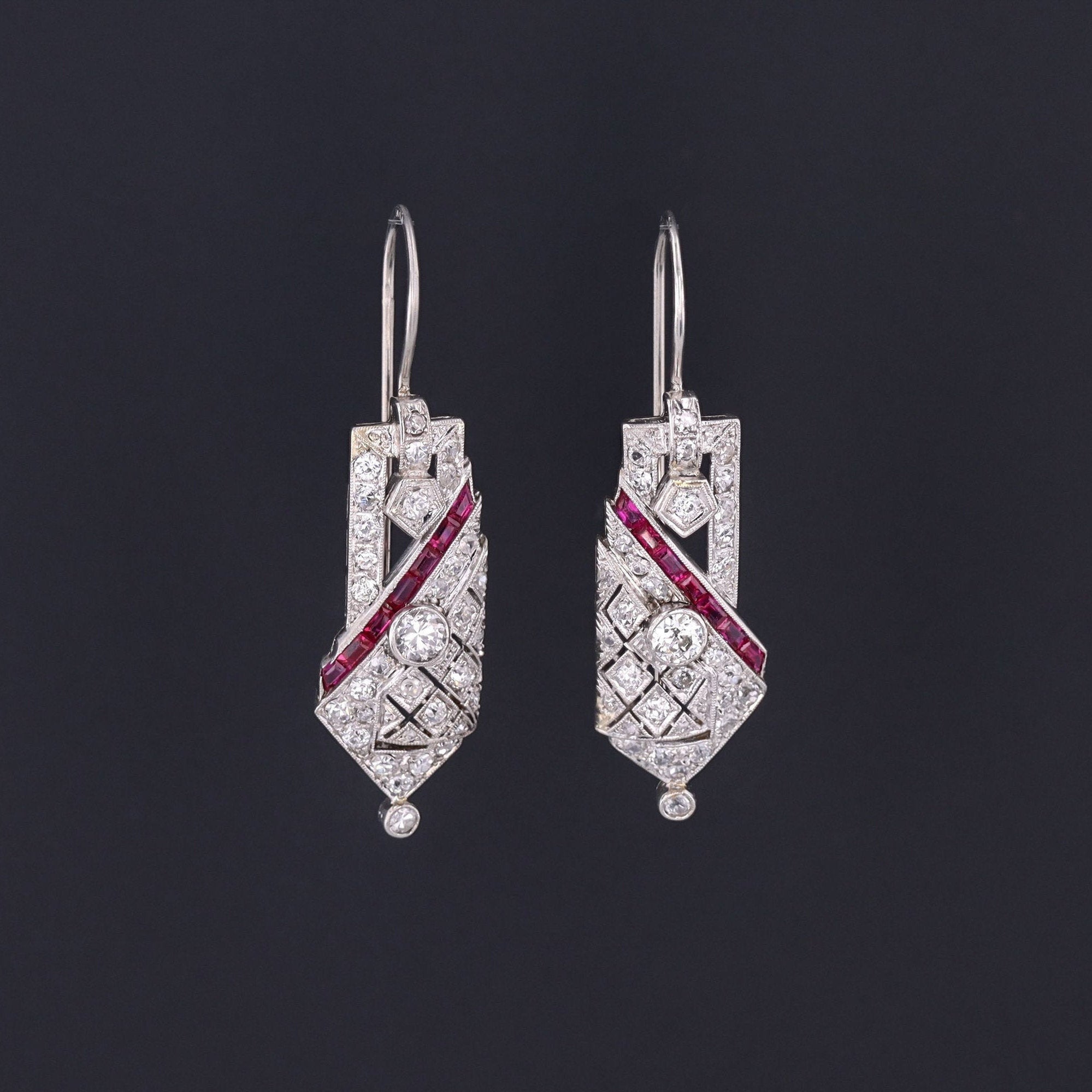 Diamond Earrings | Vintage Diamond & Synthetic Ruby Earrings | 14k White Gold Diamond Earrings | 14k Gold Earrings | Bridal Earrings