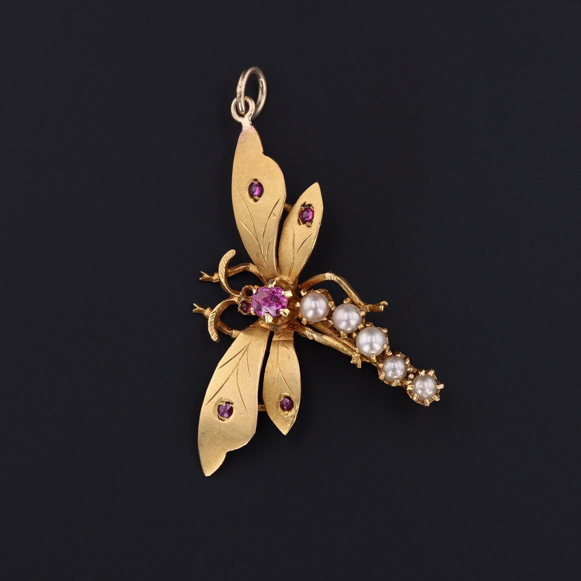 Antique Dragonfly Pendant | 18k Gold Pearl and Ruby Dragonfly Pendant 