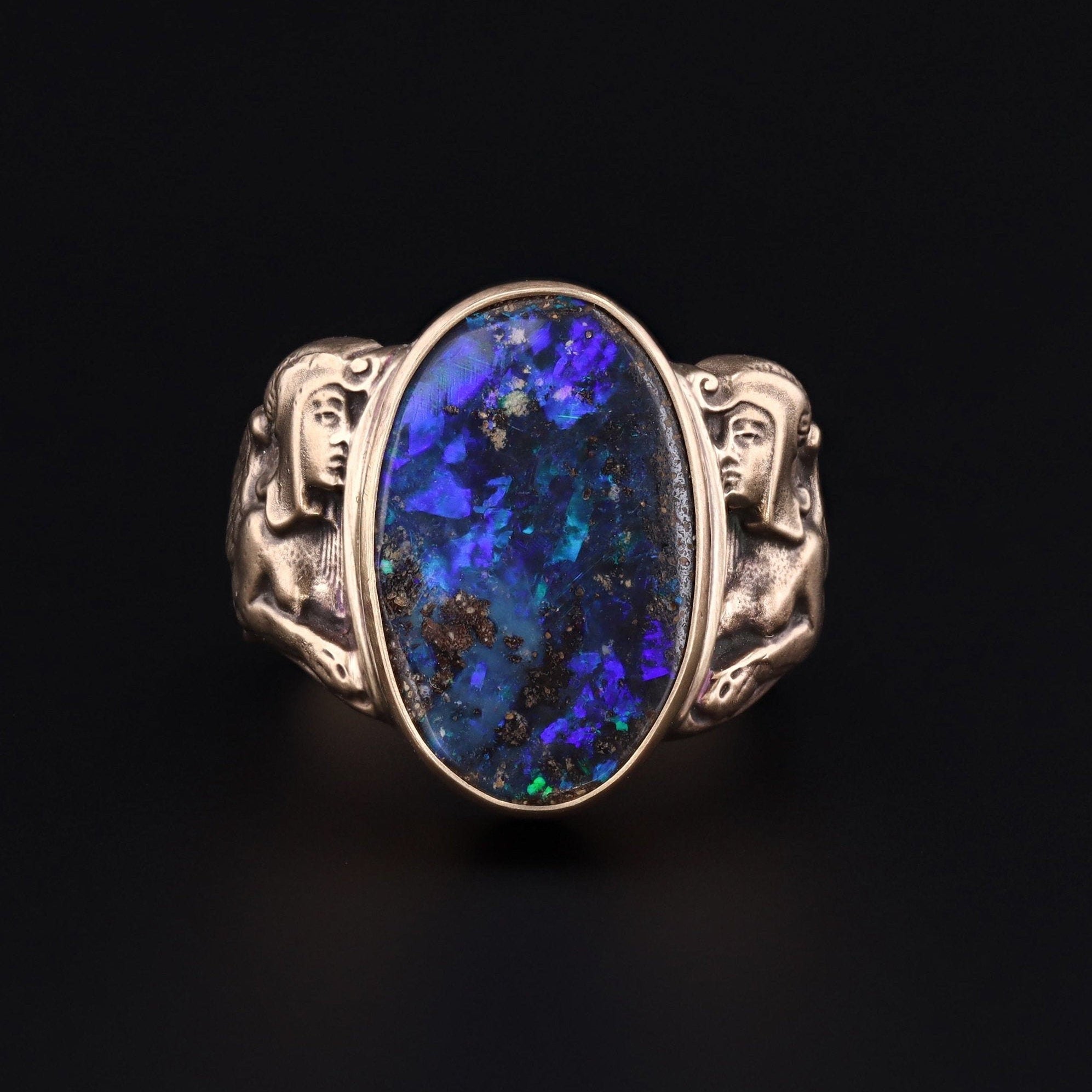 Boulder Opal Ring | 14k Gold Sphinx Ring | 14k Gold Ring | Art Nouveau Style Ring
