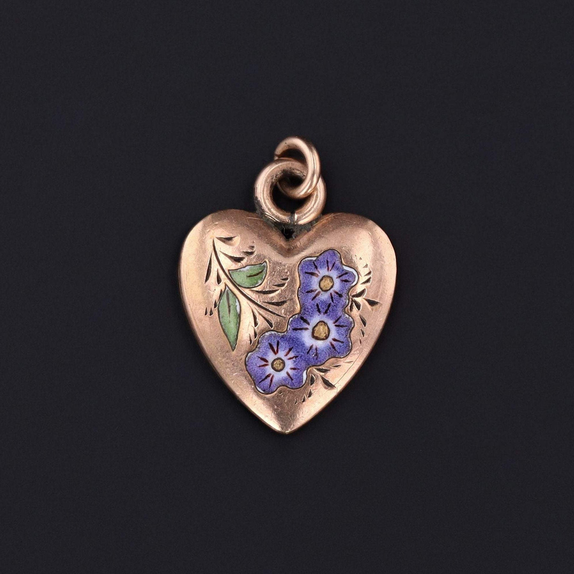 Antique Heart Charm | 14k Gold Heart | Heart Charm with Purple Enamel Flowers | Antique Charm | Love Token