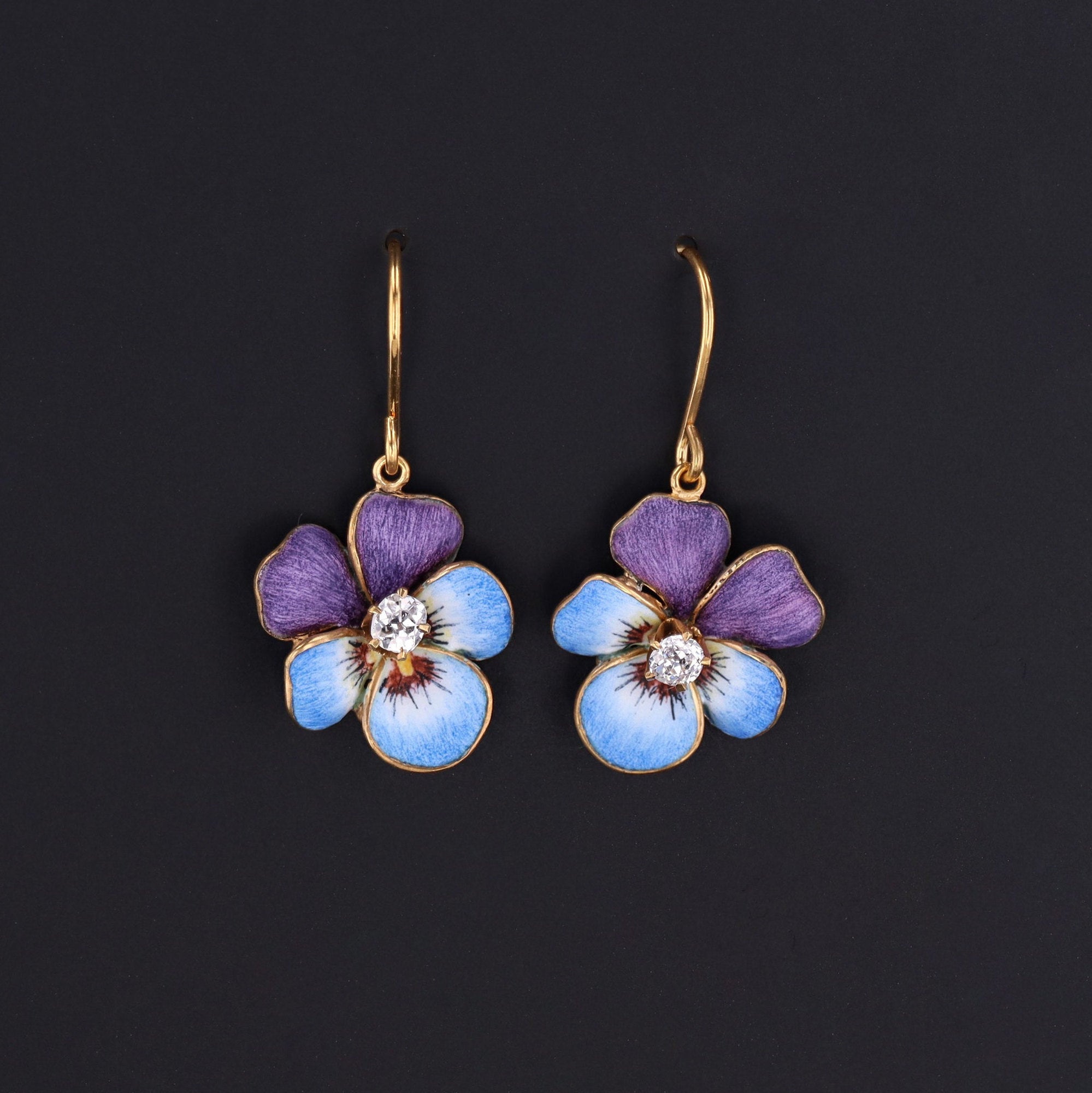 14k Gold & Enamel Pansy Earrings | Antique Pin Conversion Earrings | 14k Gold Flower Earrings | Flower Earrings | 14k Pansy Earrings