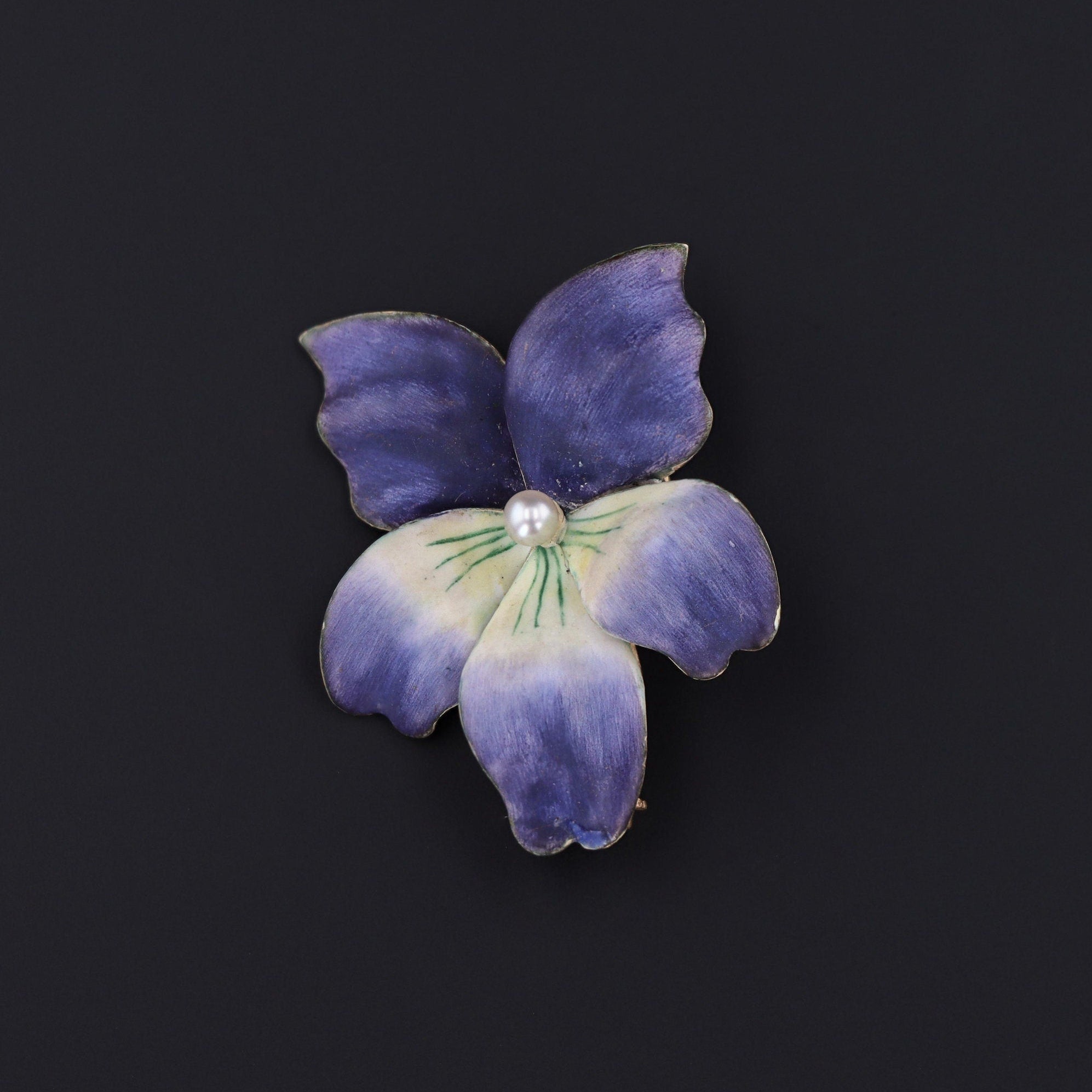 Antique Violet Flower Brooch  | Antique Enamel with Pearl Brooch 