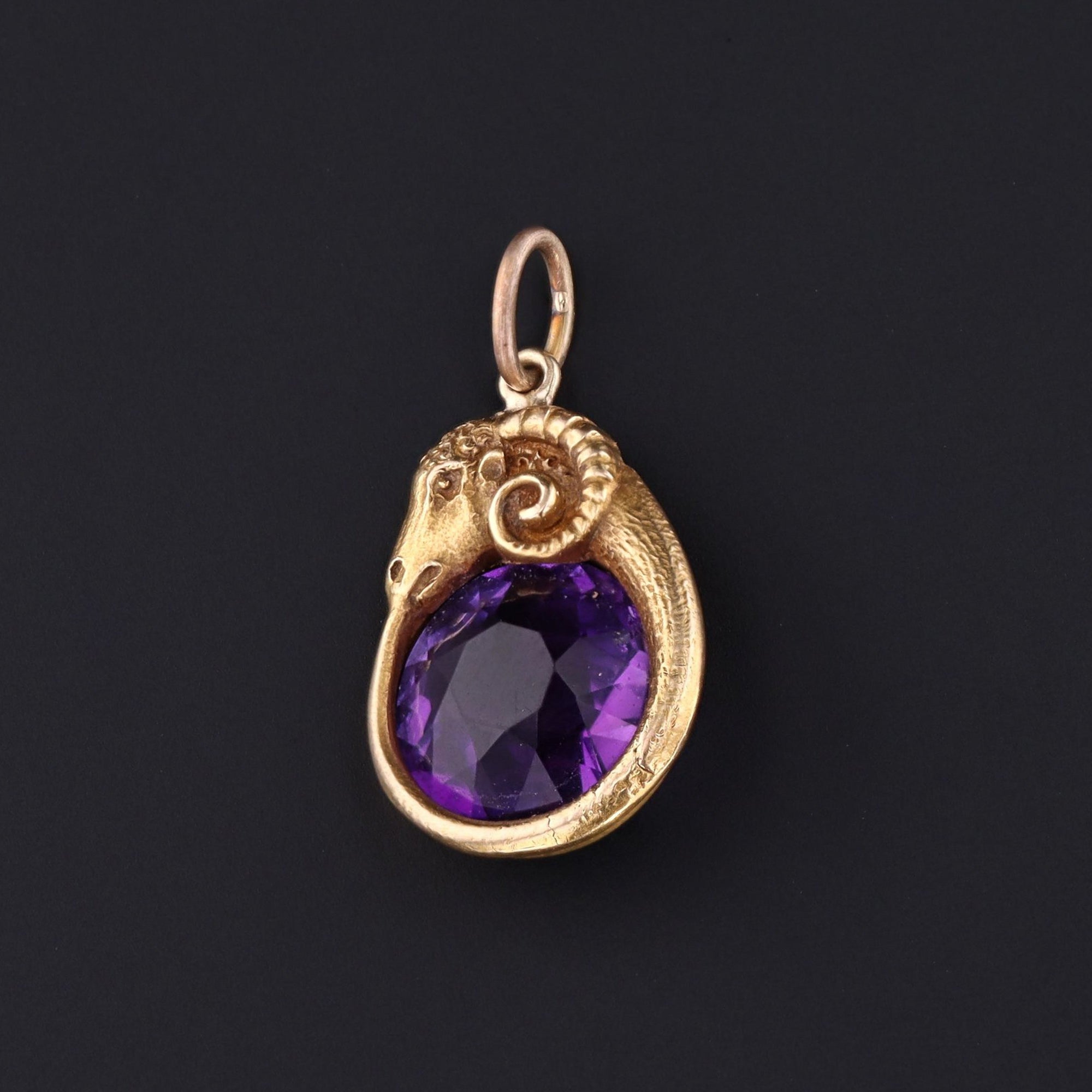 Amethyst Ram Pendant | Antique Pin Conversion | Antique Charm| 14k Gold & Amethyst Pendant