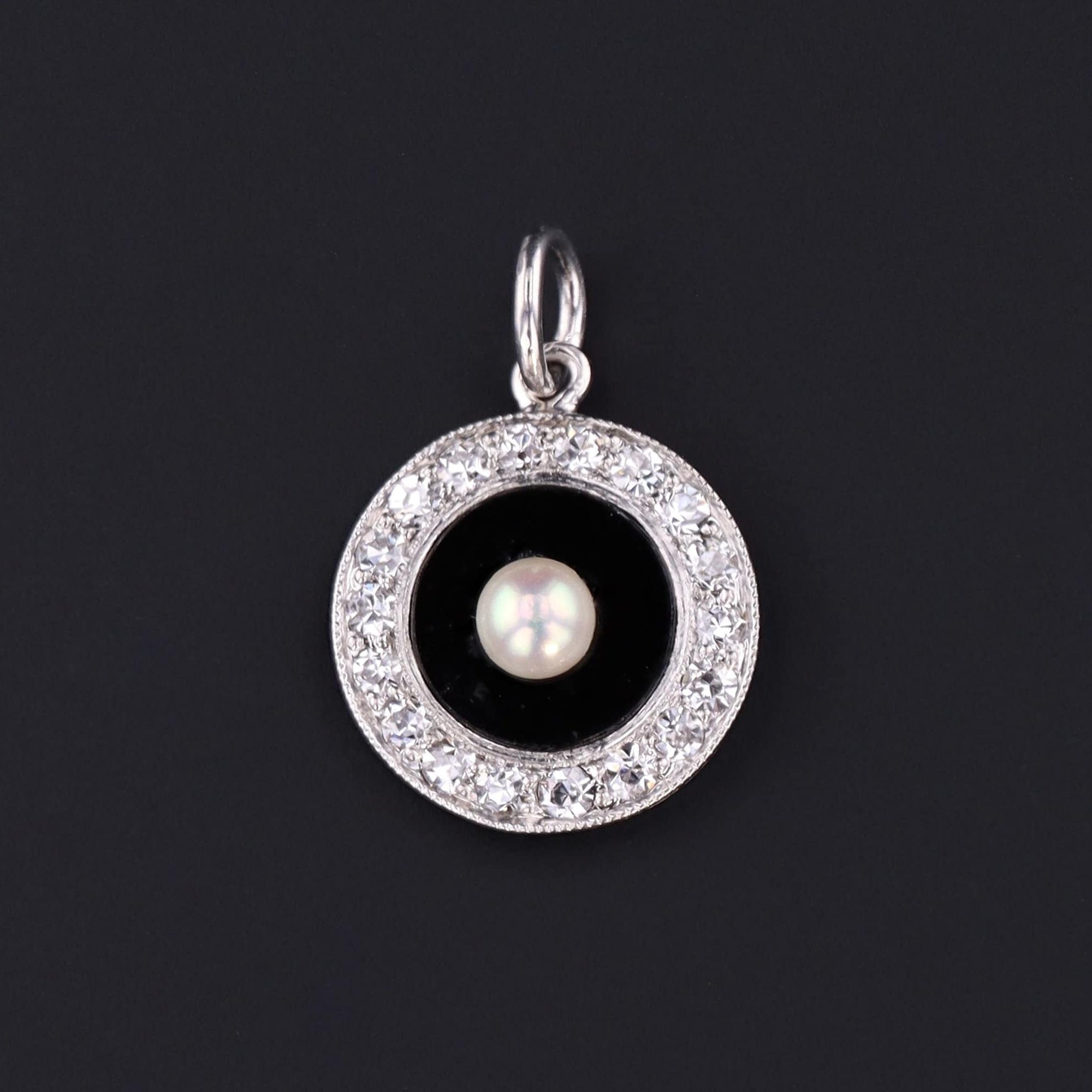 Onyx & Diamond Charm | Platinum Onyx Diamond and Pearl Pendant 