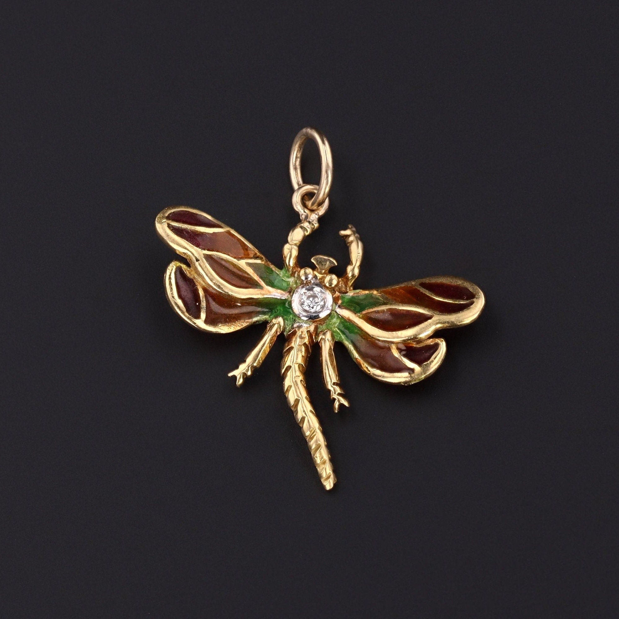 Antique Dragonfly Pendant | 18k Gold & Plique a Jour Enamel Dragonfly Pendant 