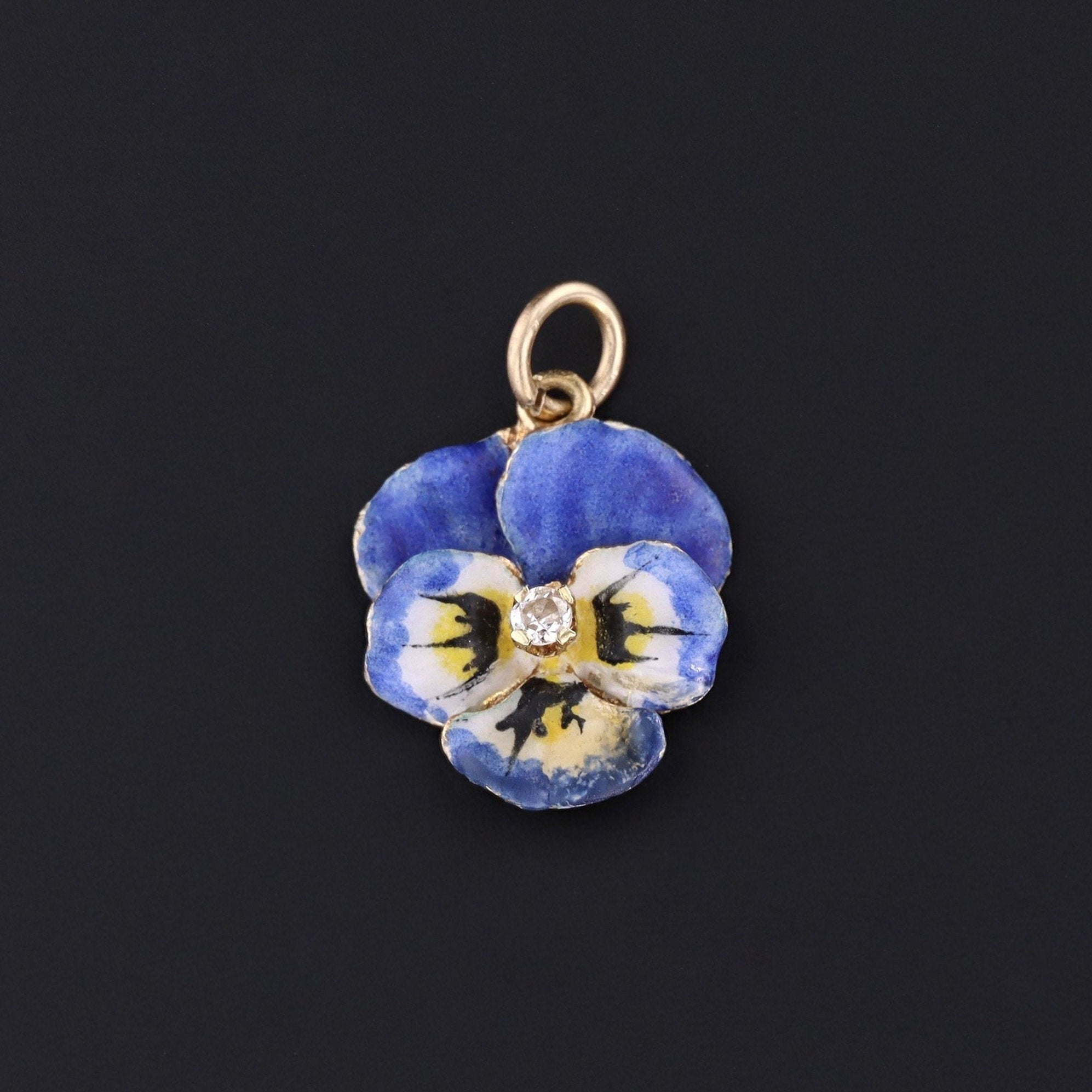 Pansy Charm | Blue Enamel Pansy Pendant | 14k Gold & Diamond Flower Pendant | Earring Conversion