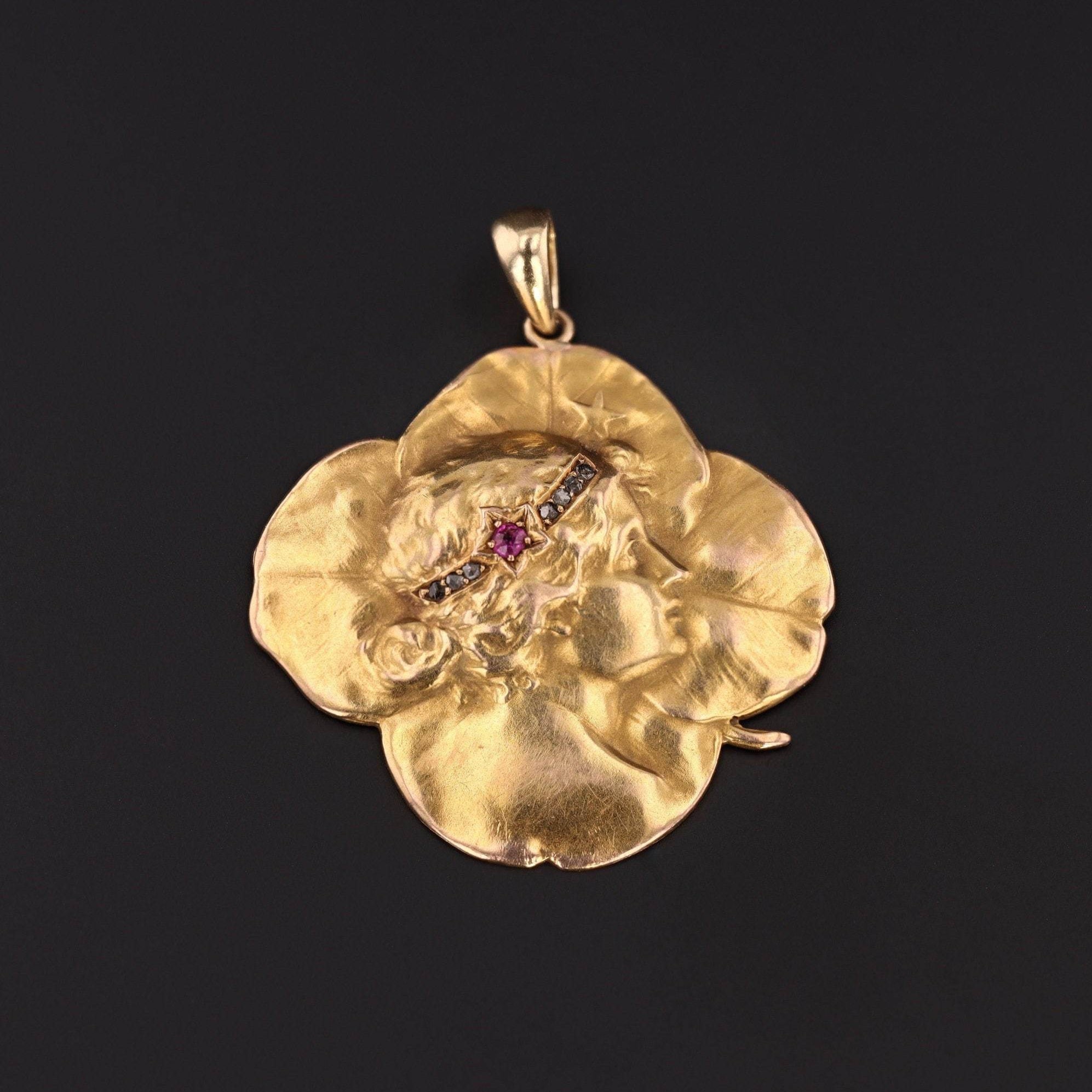 Art Nouveau Woman Pendant | 14k Gold Antique Pin Conversion Pendant 
