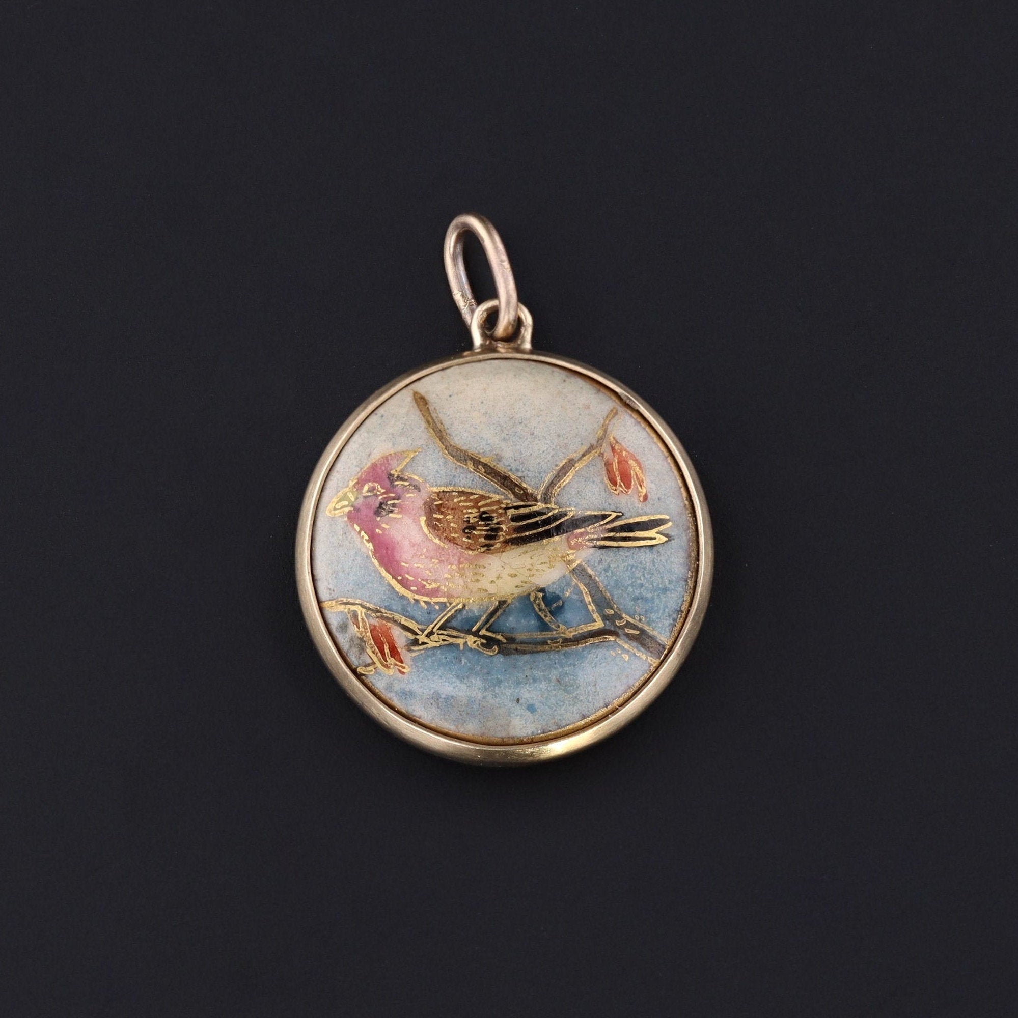 Cardinal Bird Charm | Antique Satsuma Bird Charm | 14k Gold Charm | Satsuma Pendant or Charm