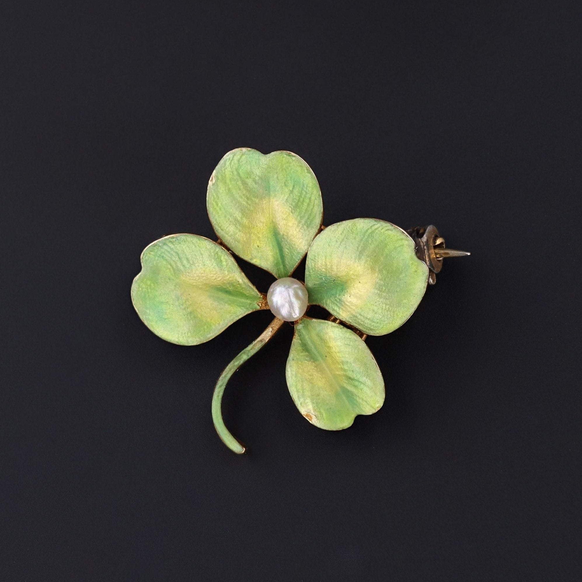 Four Leaf Clover Brooch | Antique Enamel Clover with Pearl Brooch 