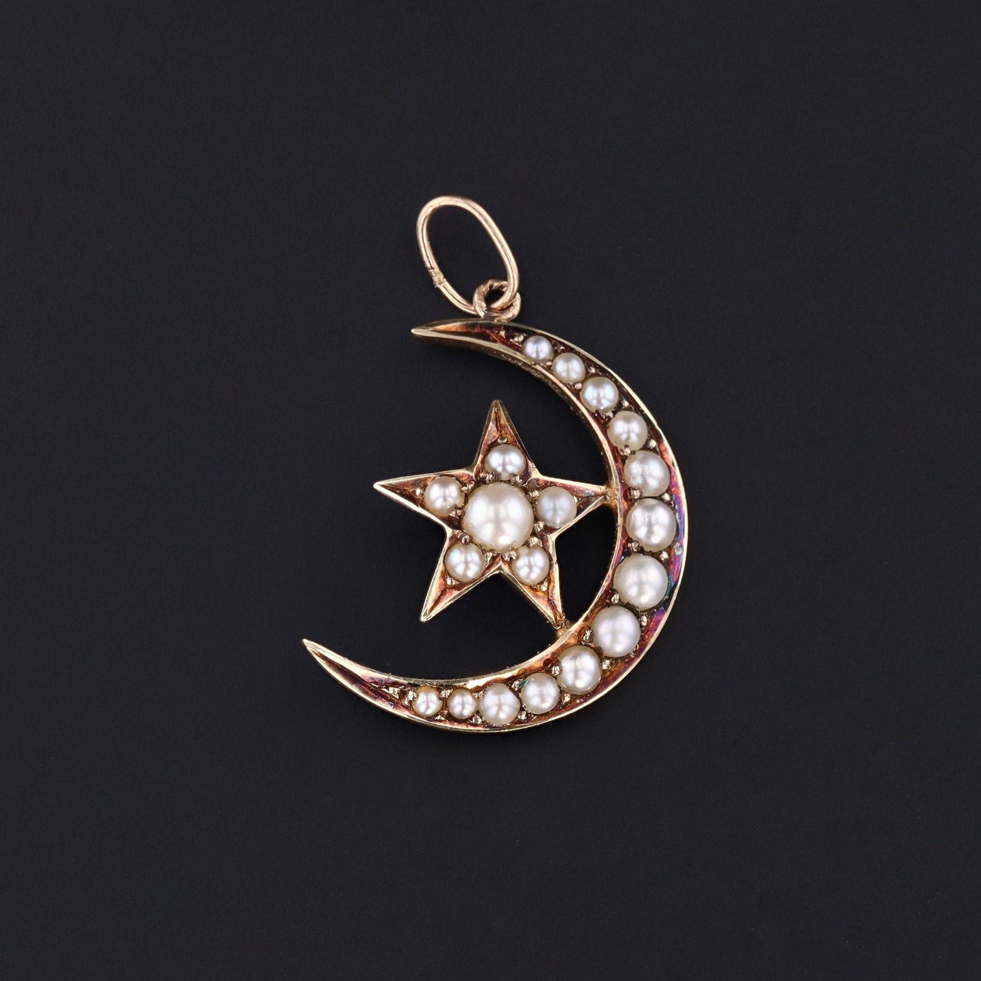 Pearl Crescent Moon and Star Pendant | Antique Pin Conversion Pendant 