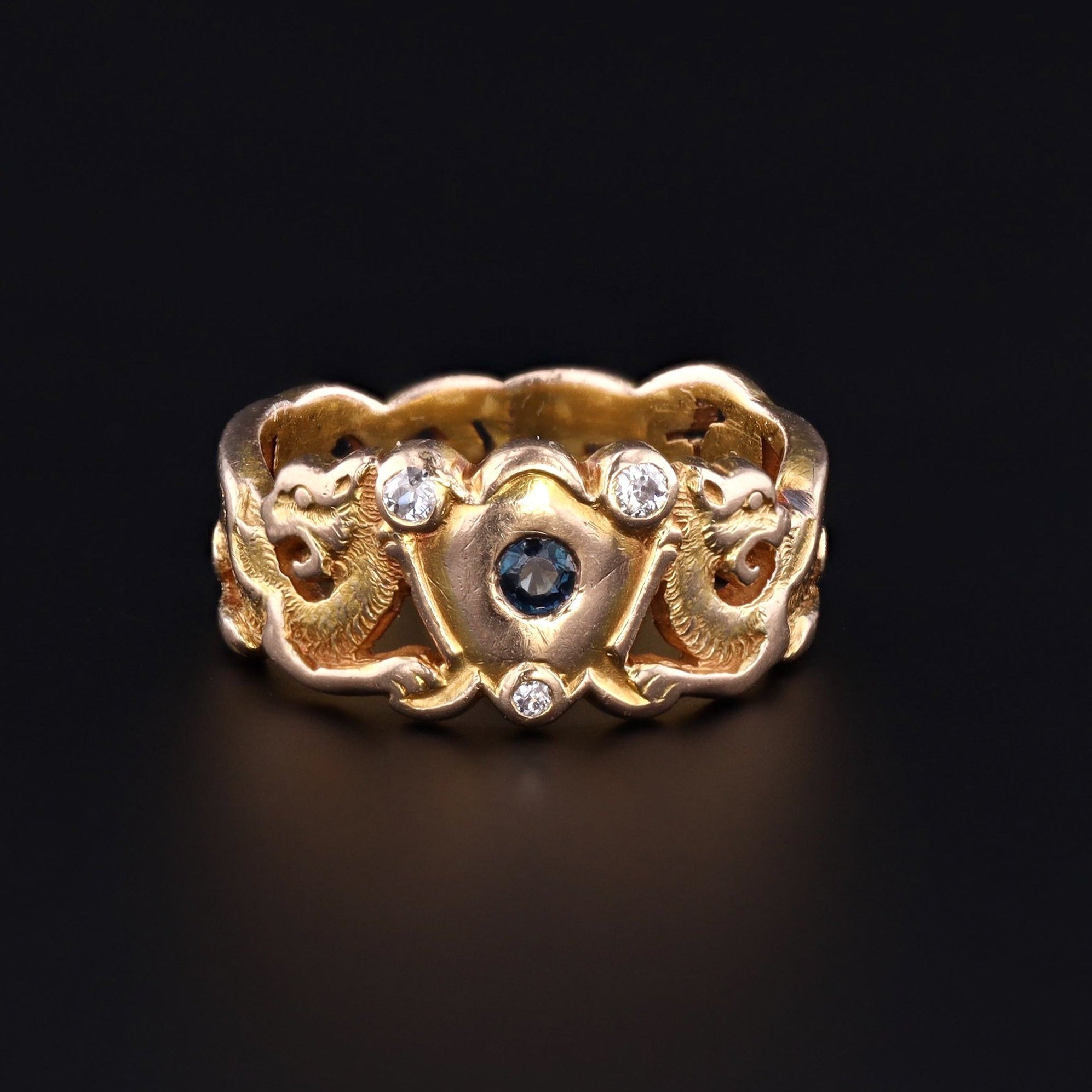 Antique Griffin Ring | 14k Gold Sapphire & Diamond Ring 