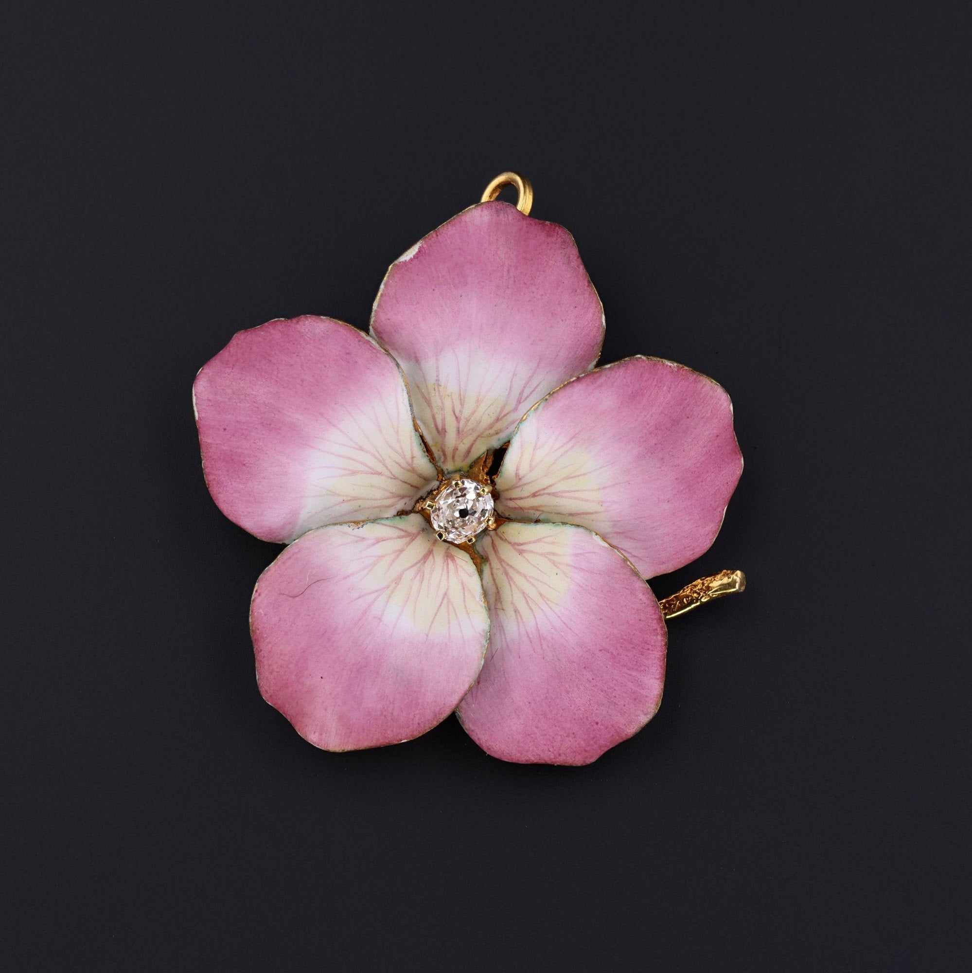 Antique Pink Enamel and Diamond Flower Brooch of 14K Gold | Trademark Antiques