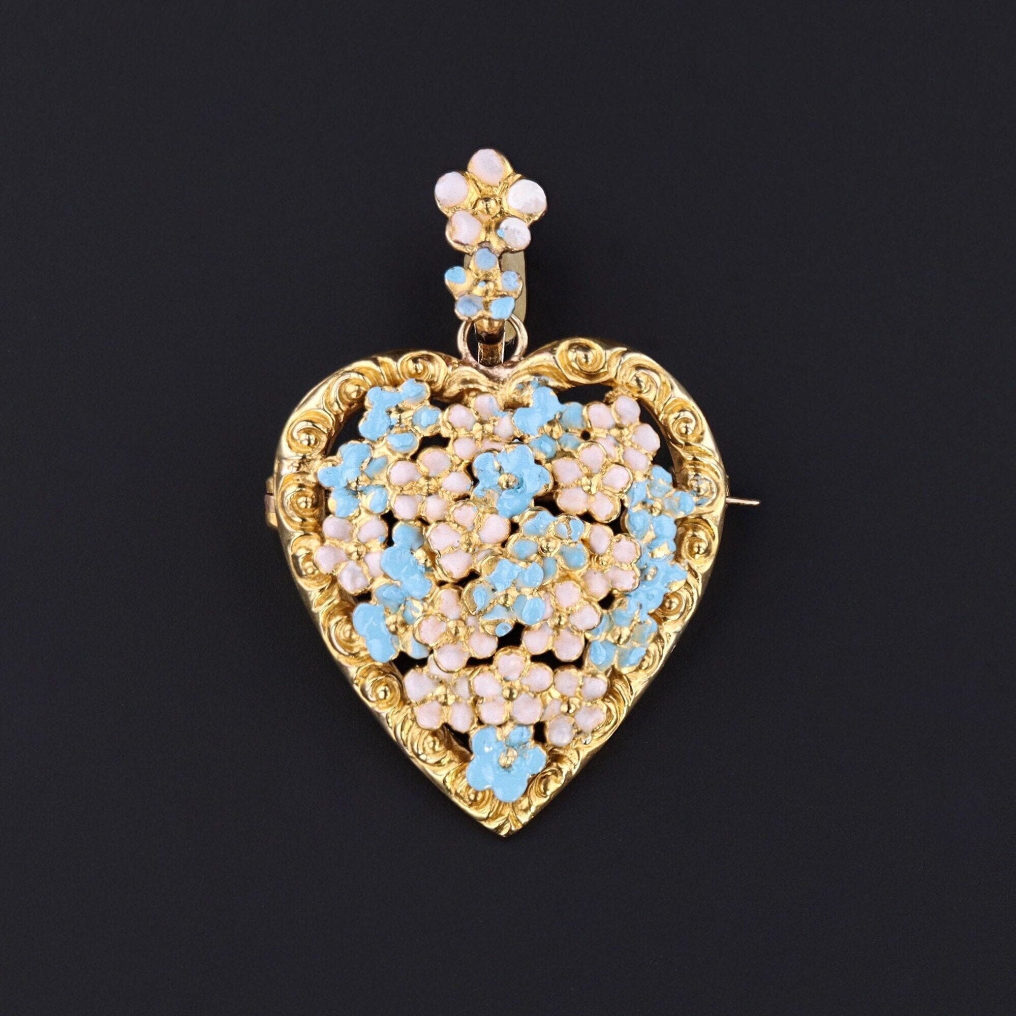 Antique Forget-Me-Not Heart Pendant | 14k Gold Pendant or Brooch 