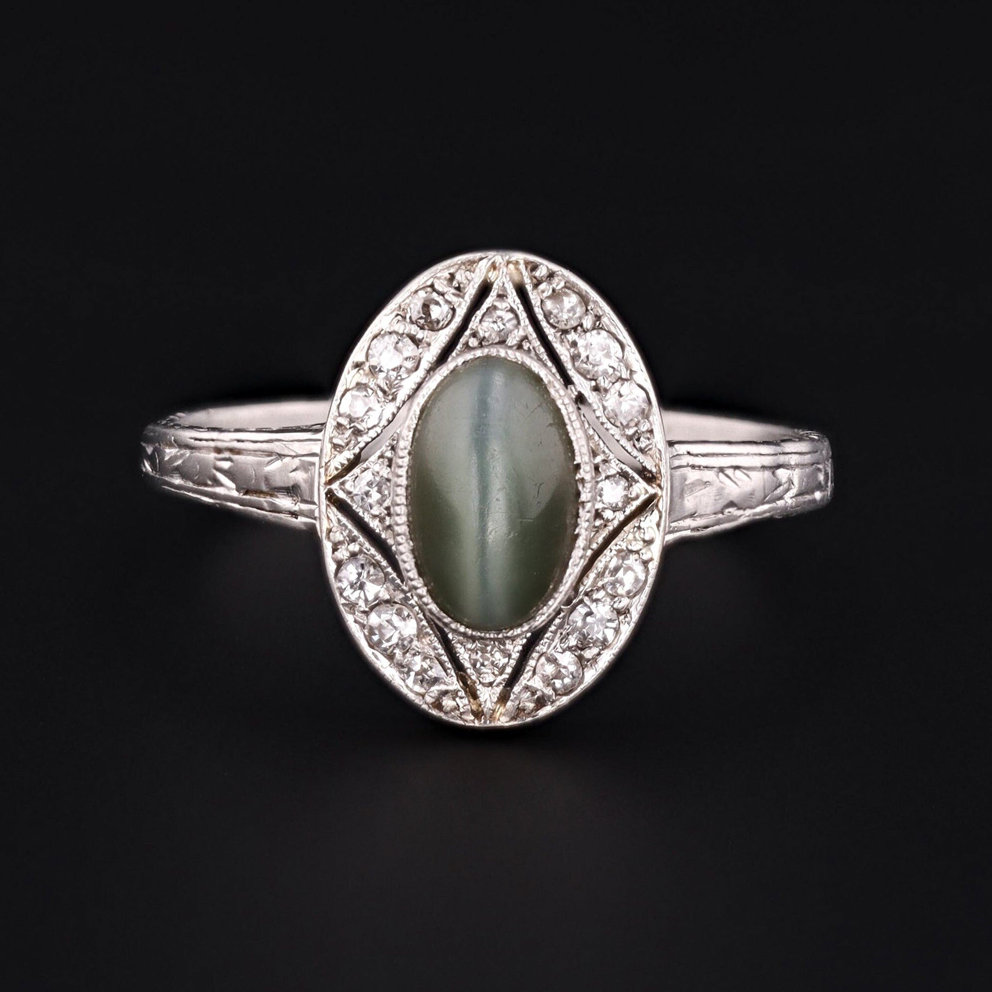 Cats Eye Quartz & Diamond Ring | Platinum Ring 