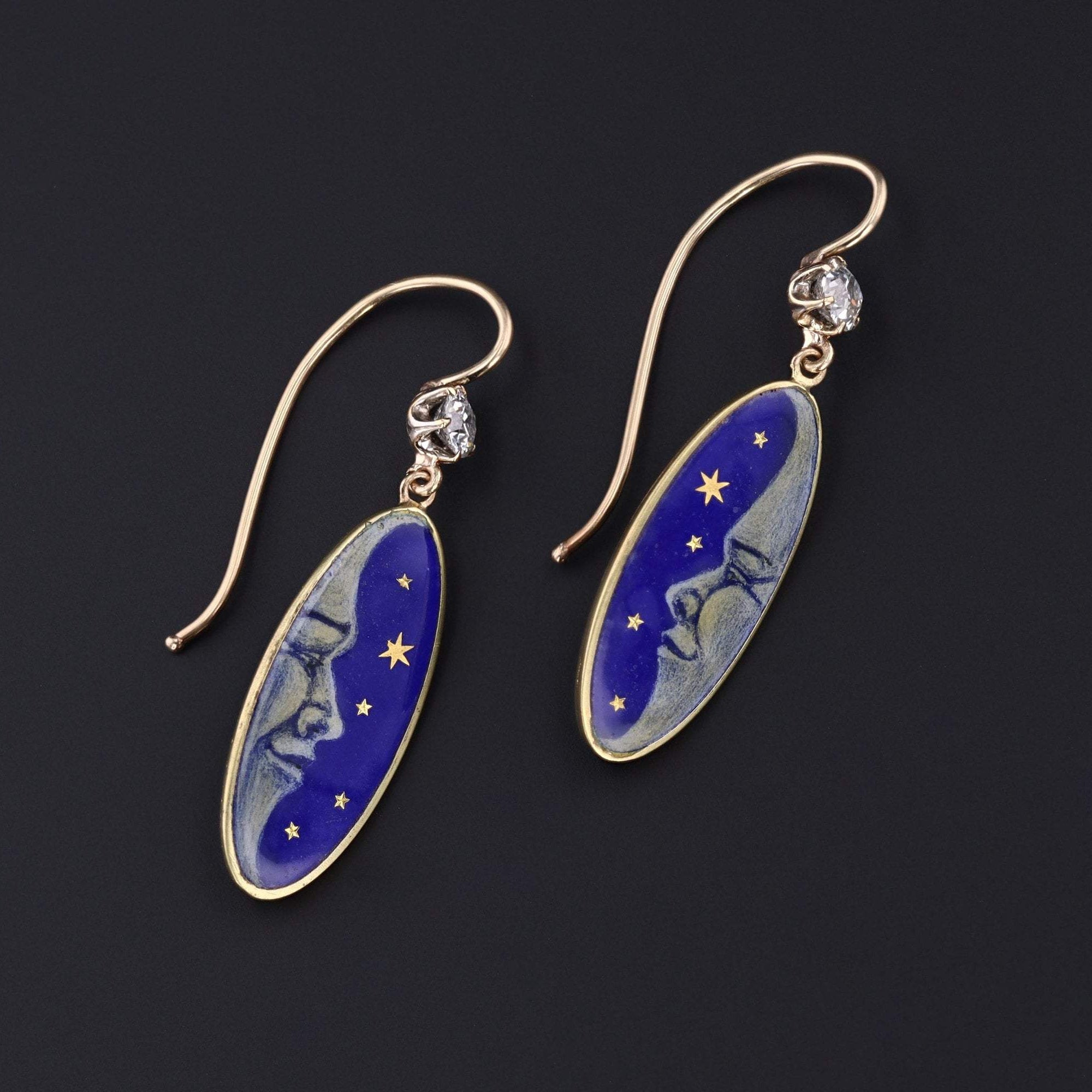 Antique Man in the Moon Earrings | 14k Gold Enamel & Diamond Earrings 