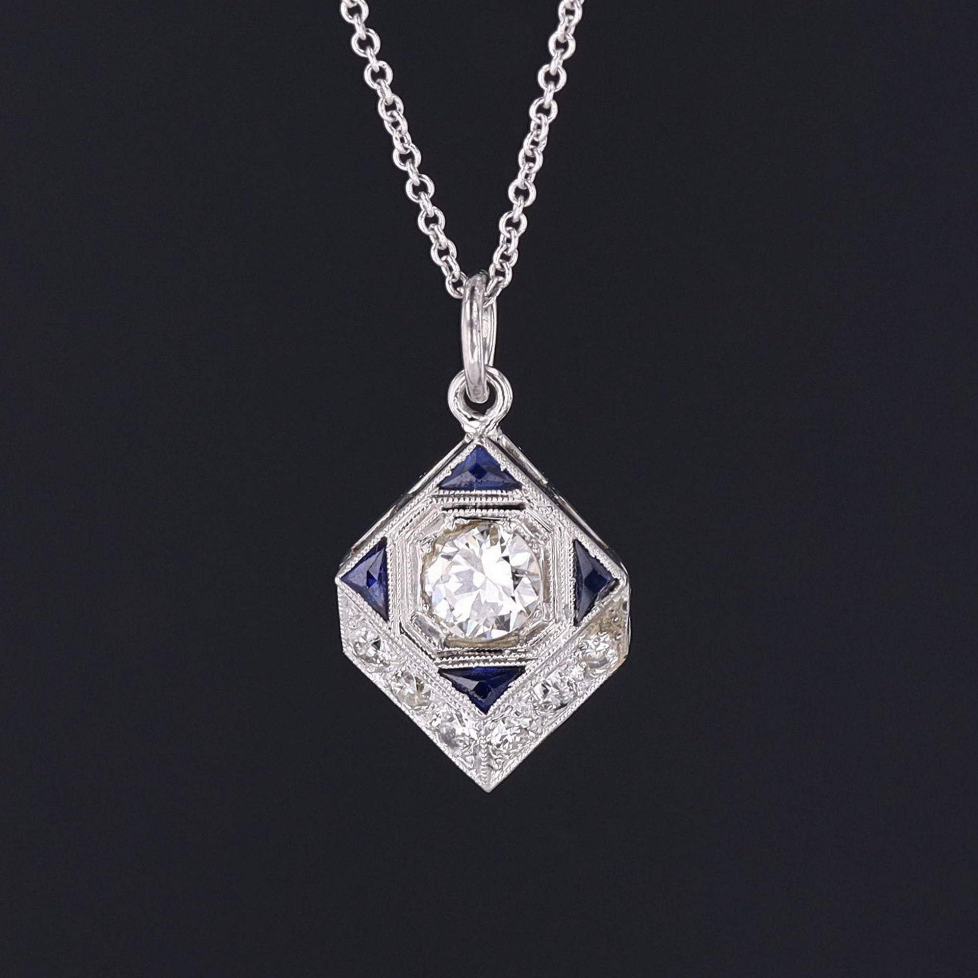 Art Deco Diamond and Sapphire Pendant | Stick Pin Conversion Pendant 