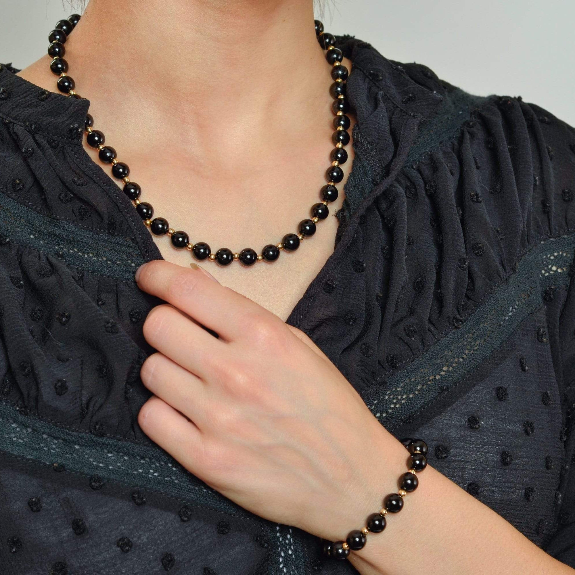 Vintage Onyx Bead Necklace & Bracelet Set | 14k Gold 